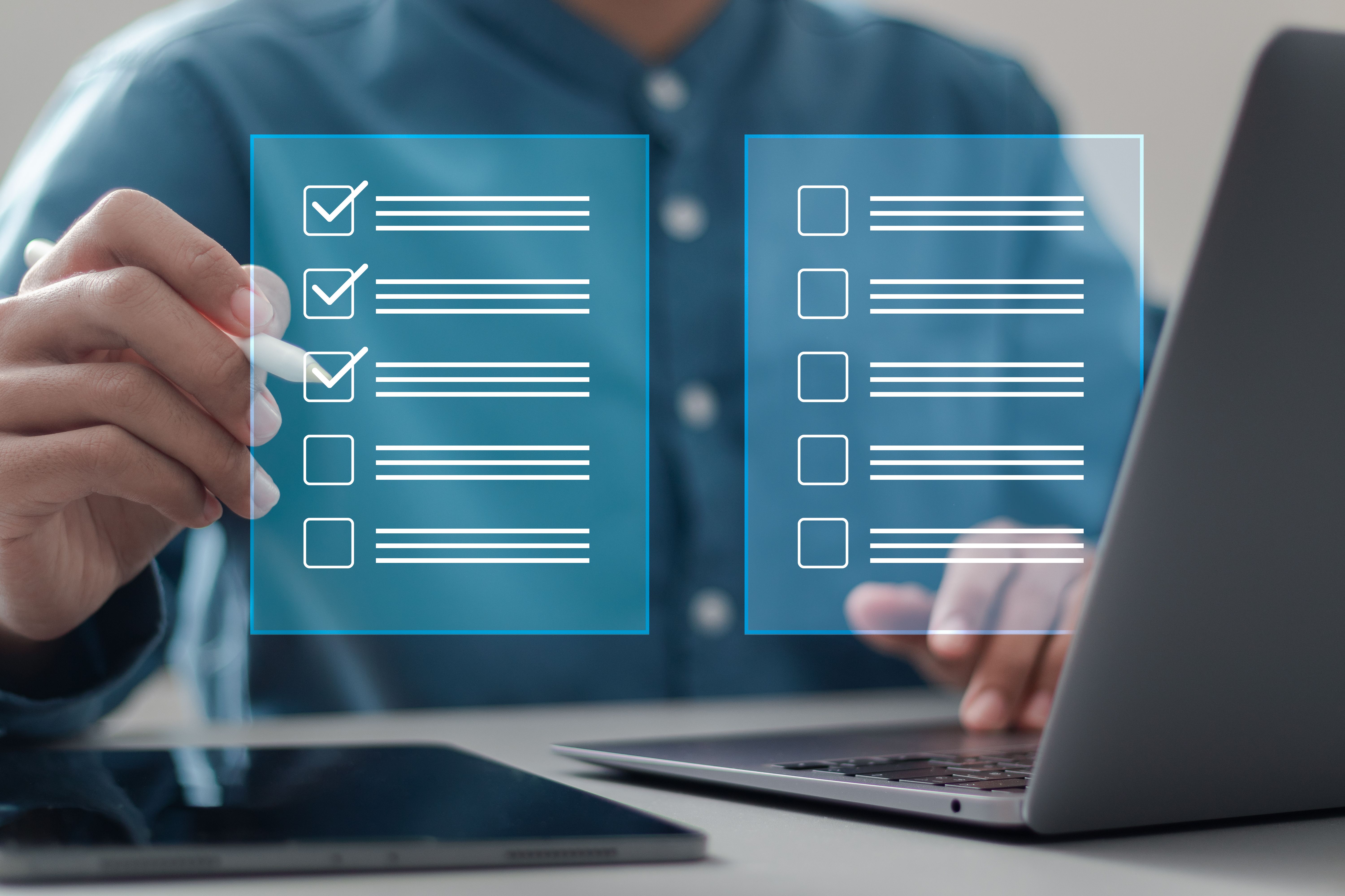 Questionnaire with checkboxes, businessman filling survey form online and answer questions of test. Education futuristic technology and learning. Survey form concept. Questionnaire with checkboxes, businessman filling survey form online and answer questions of test. Education futuristic technology and learning. Survey form concept.