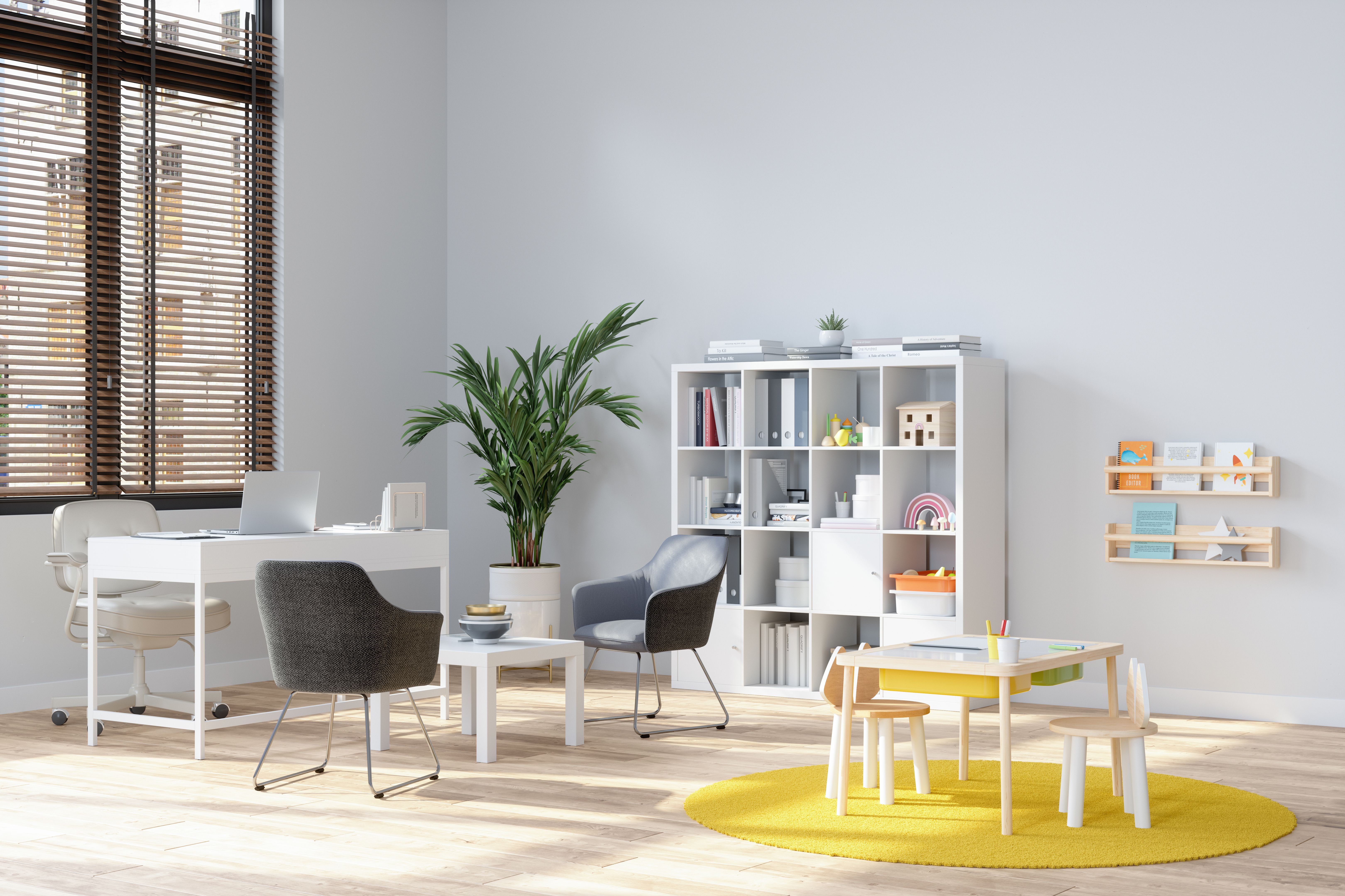 Child Psychologist Office And A Playing Area With Toys, Table, Chairs And Yellow Carpet.