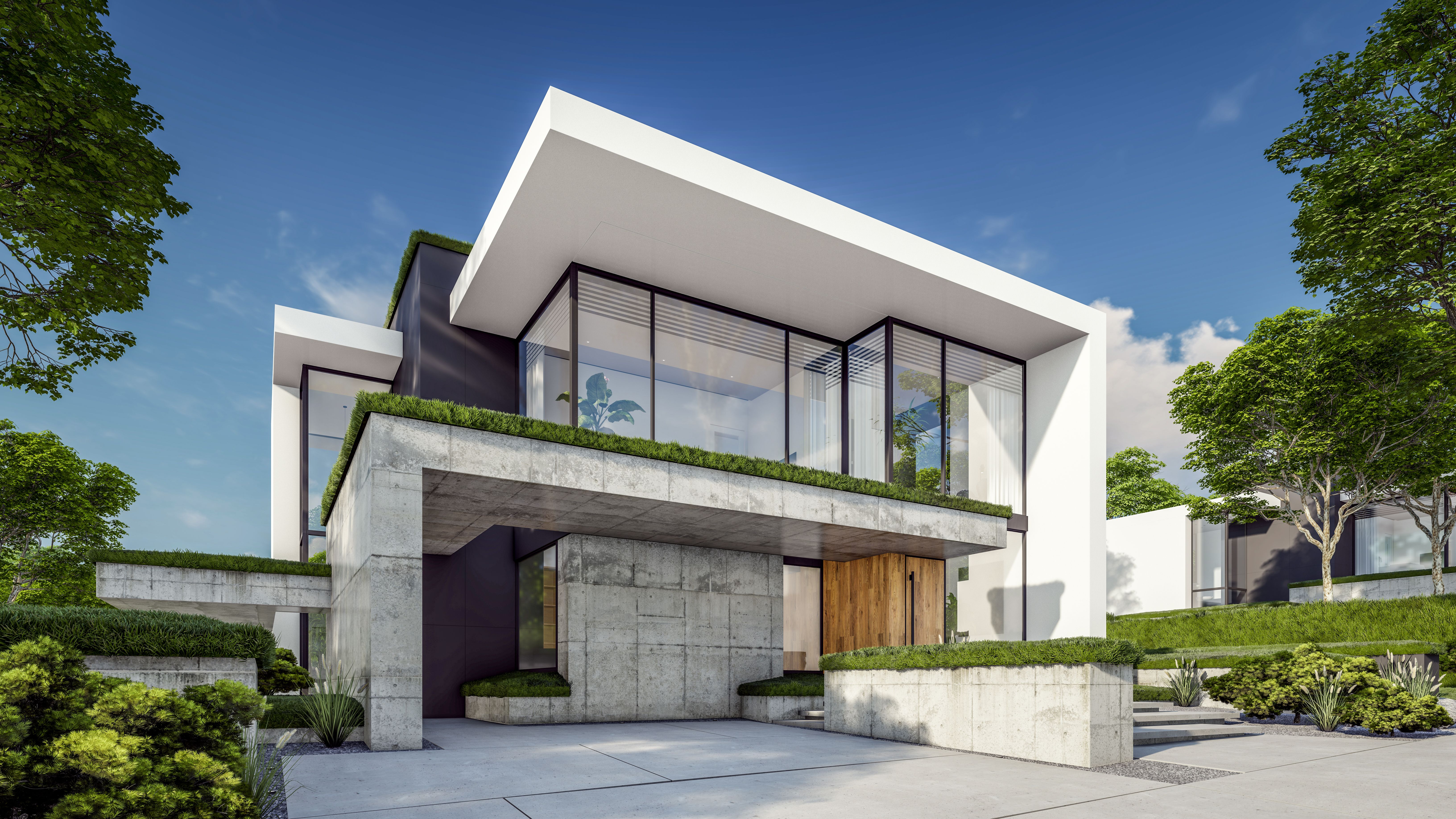 3d rendering of flat roof house with concrete facade