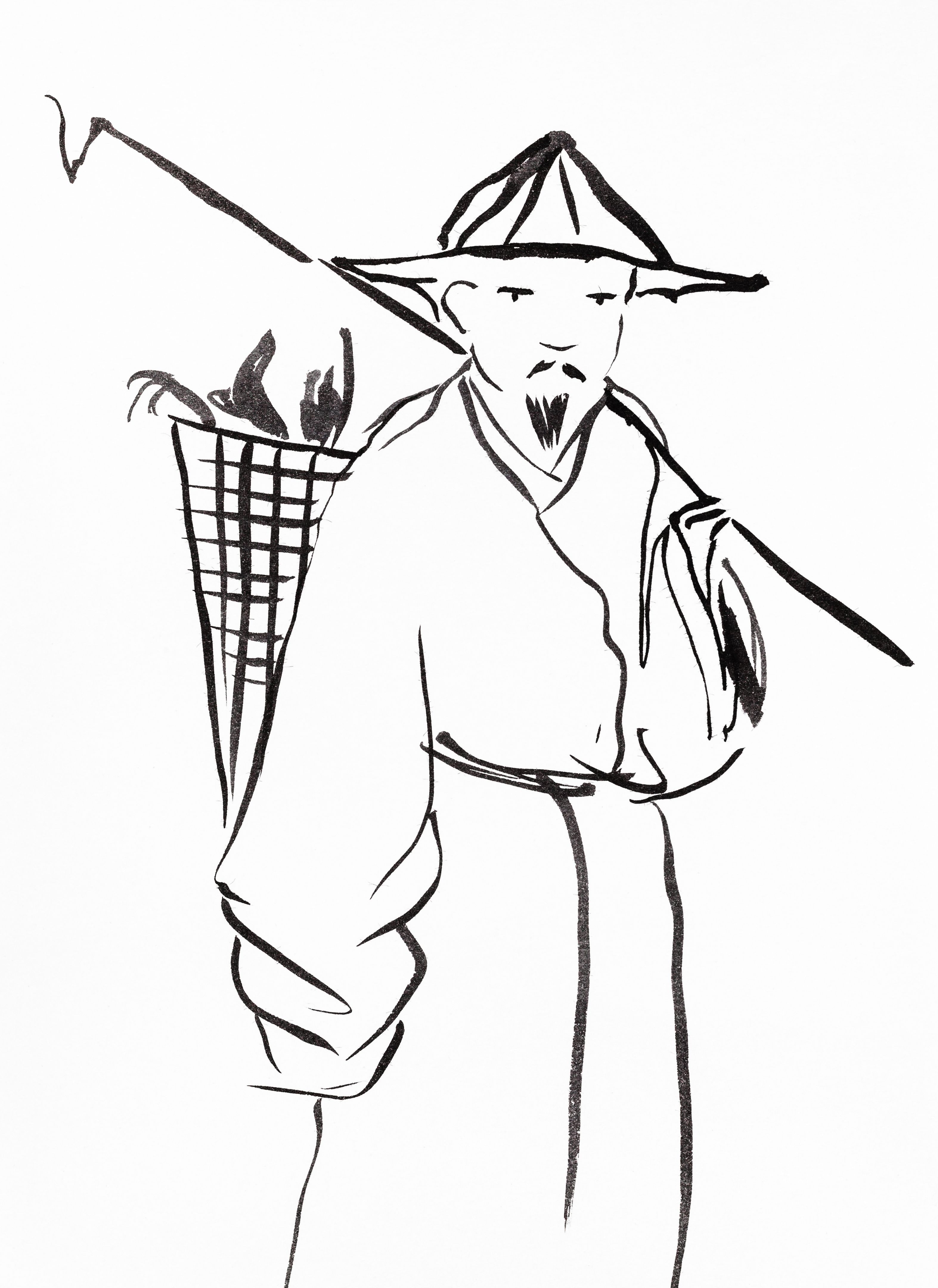 chinese peasant hand drawn in sumi-e style