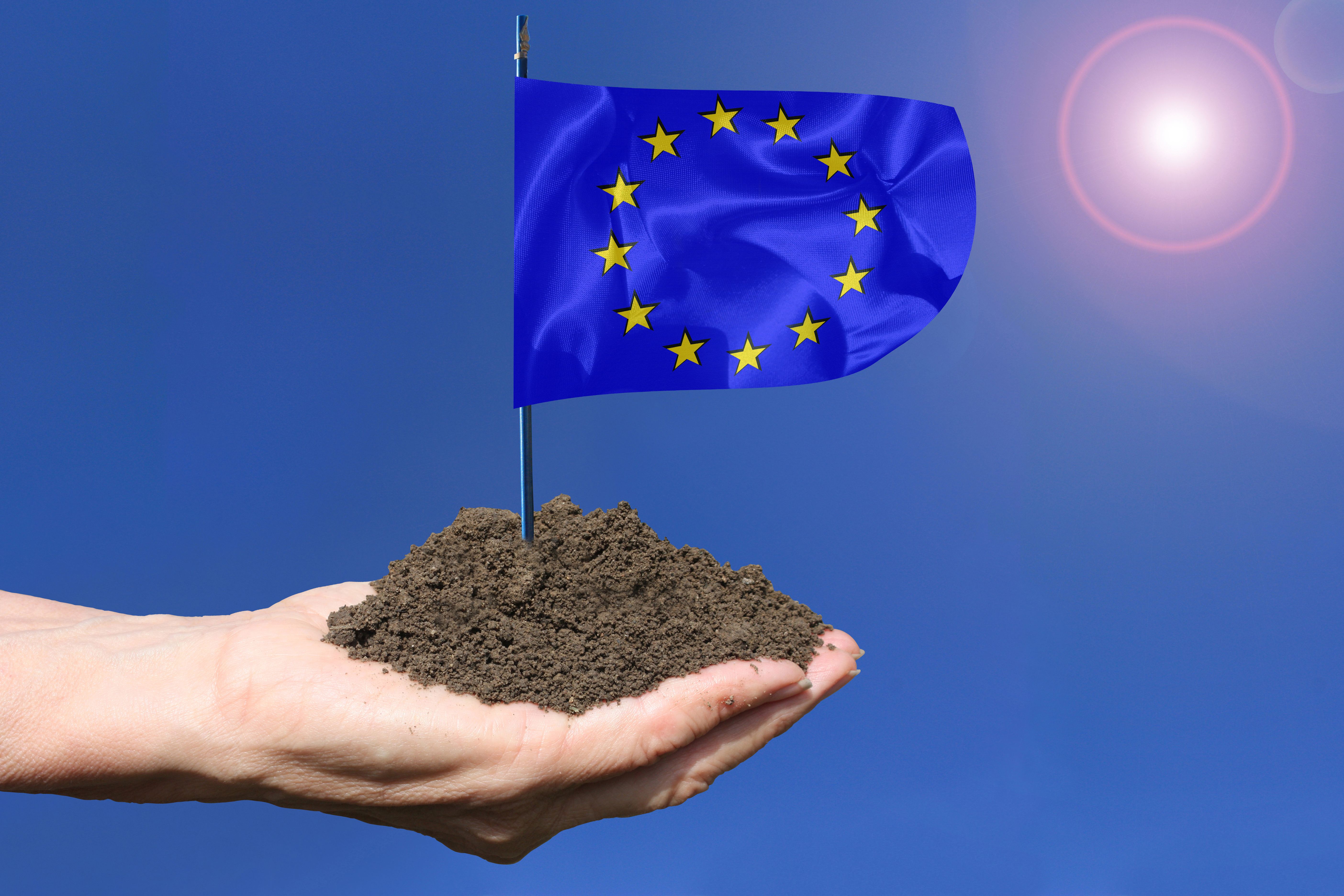 European agriculture  Hands filled with soil holding a European union flag  Clear sky  Glowing halo