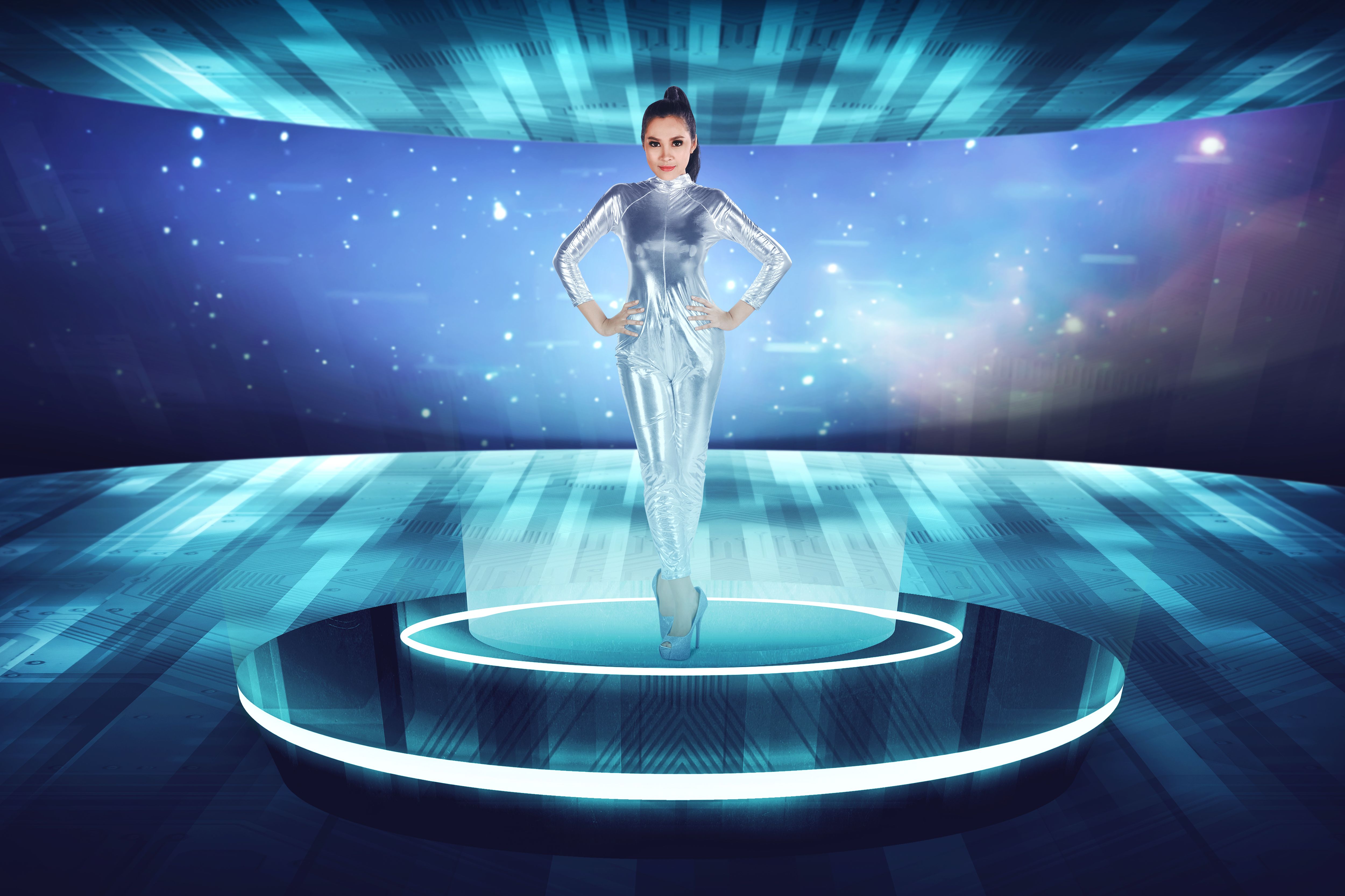 Young pretty asian woman inside digital world