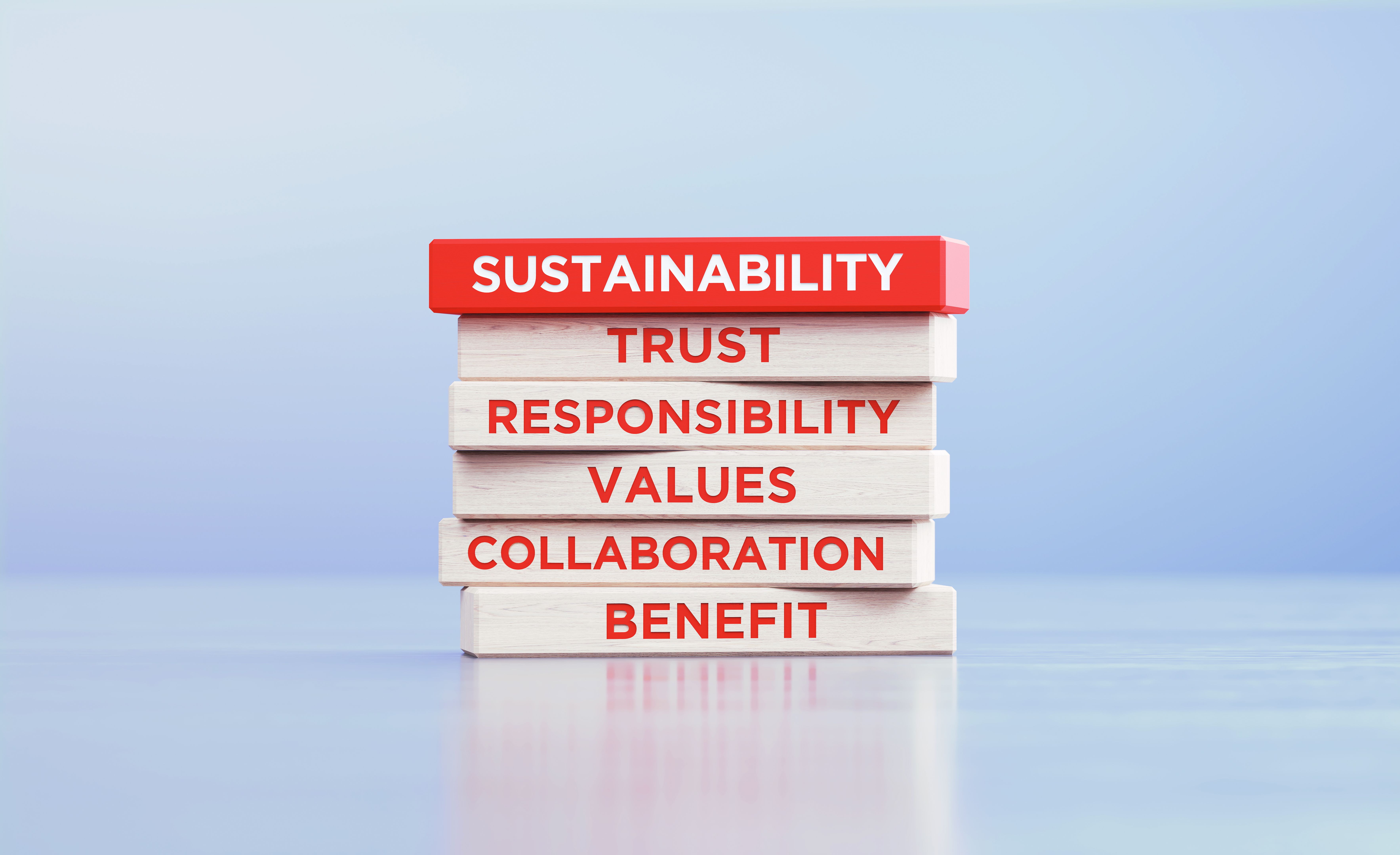 Sustainability, Trust, Responsability, Values, Collaboration, Benefit Words Written Wood Blocks Sitting on over other Sustainability, Trust, Responsability, Values, Collaboration, Benefit Words Written Wood Blocks Sitting on over other