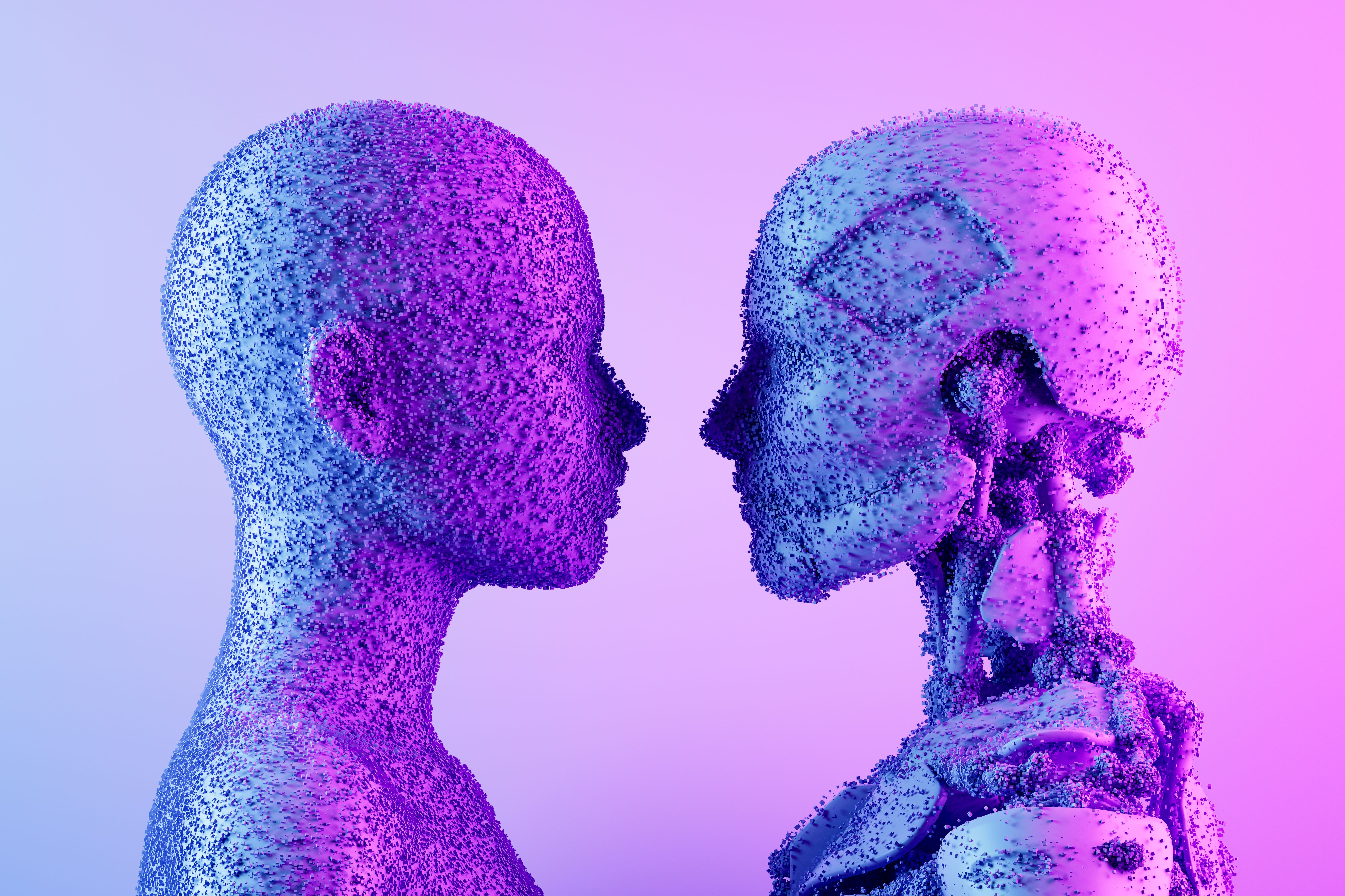 A woman with a cyborg, human and robot face to face, artificial intelligence concept with cube shaped particles on neon background | Digii Ninja