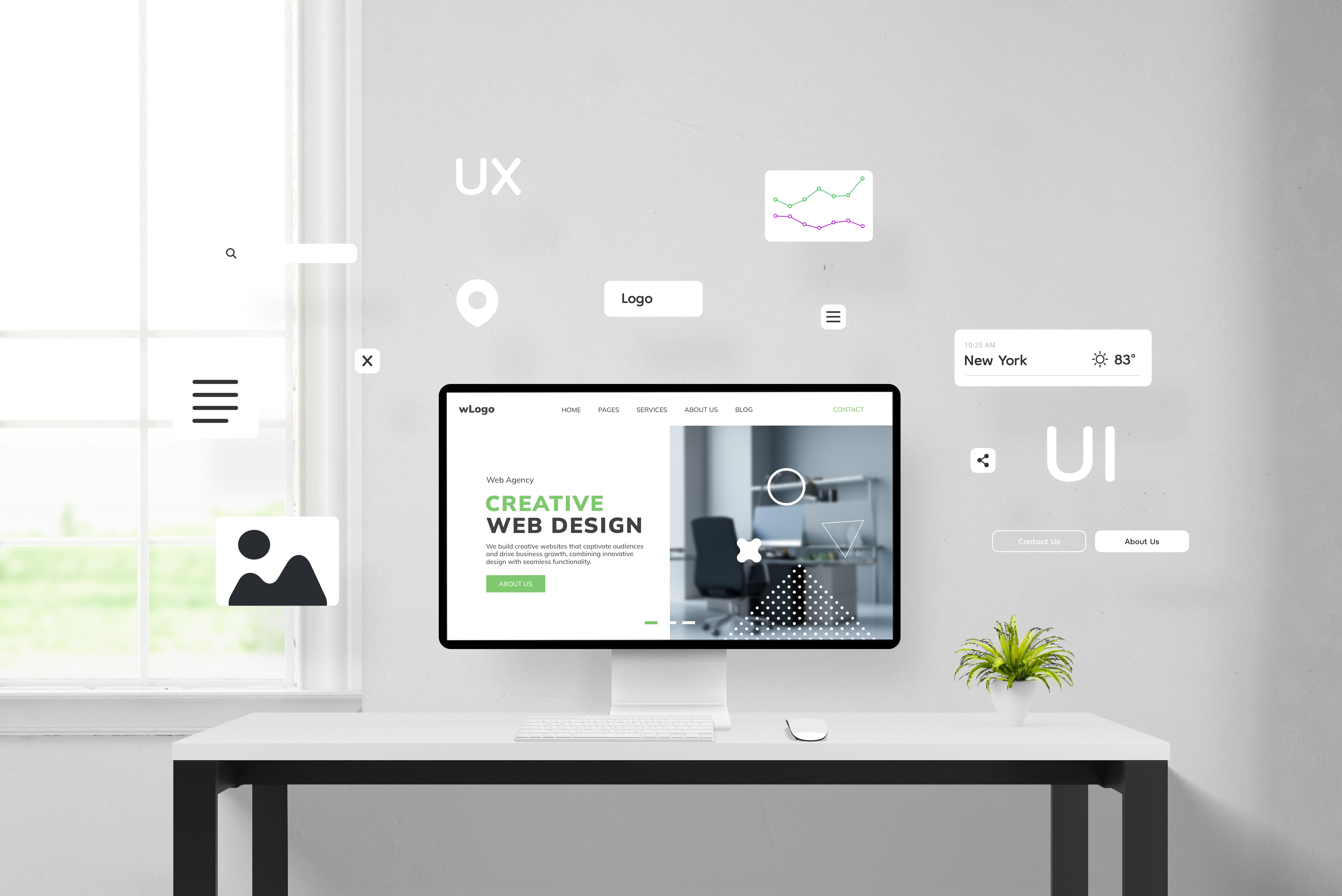 Bürotisch, der die Erstellung einer Webseite mit Elementen anzeigt, die auf einem Computerbildschirm um eine Konzeptwebseite herumfliegen. Veranschaulichung des Website-Aufbaus und des Designprozesses
