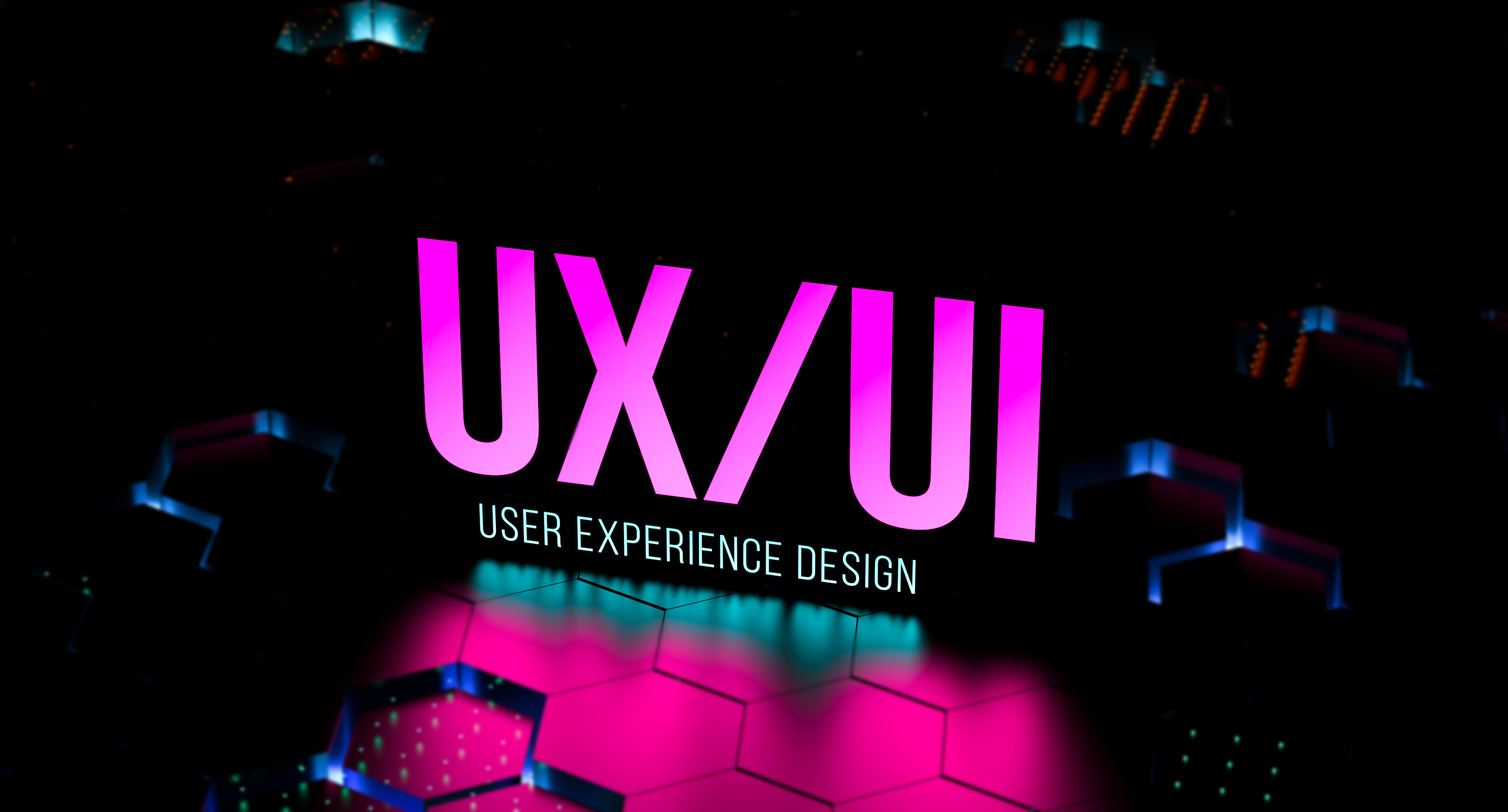 UX UI USER EXPERIENCE DESIGN neon text, blur banner. UX UI concept. 3D render UX UI USER EXPERIENCE DESIGN neon text, blur banner. UX UI concept. 3D render