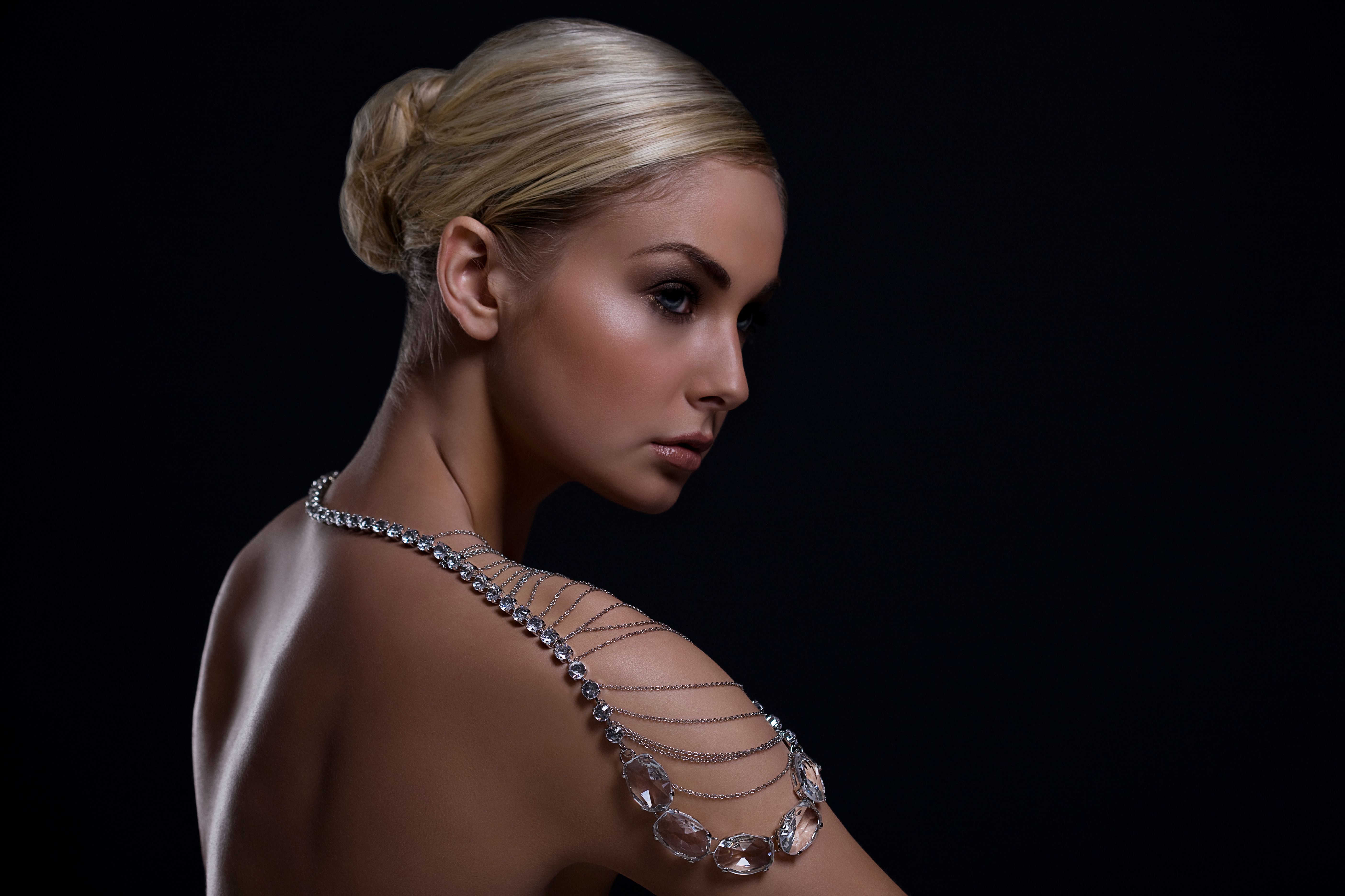 Beautiful Blond Young Woman Portrait in Necklace, Copy Space