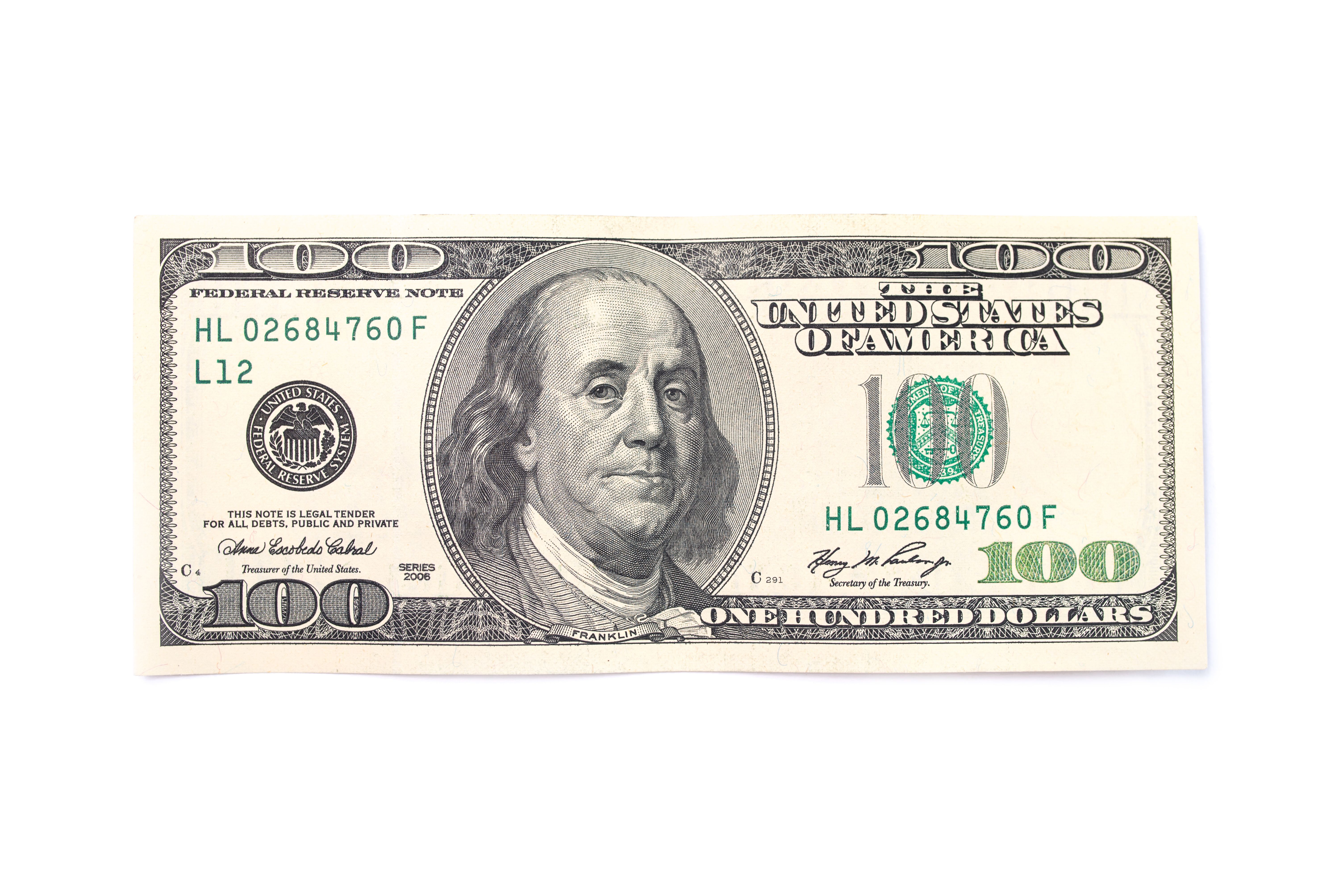 One hundred dollars isolated on white background. One hundred dollars isolated on white background.