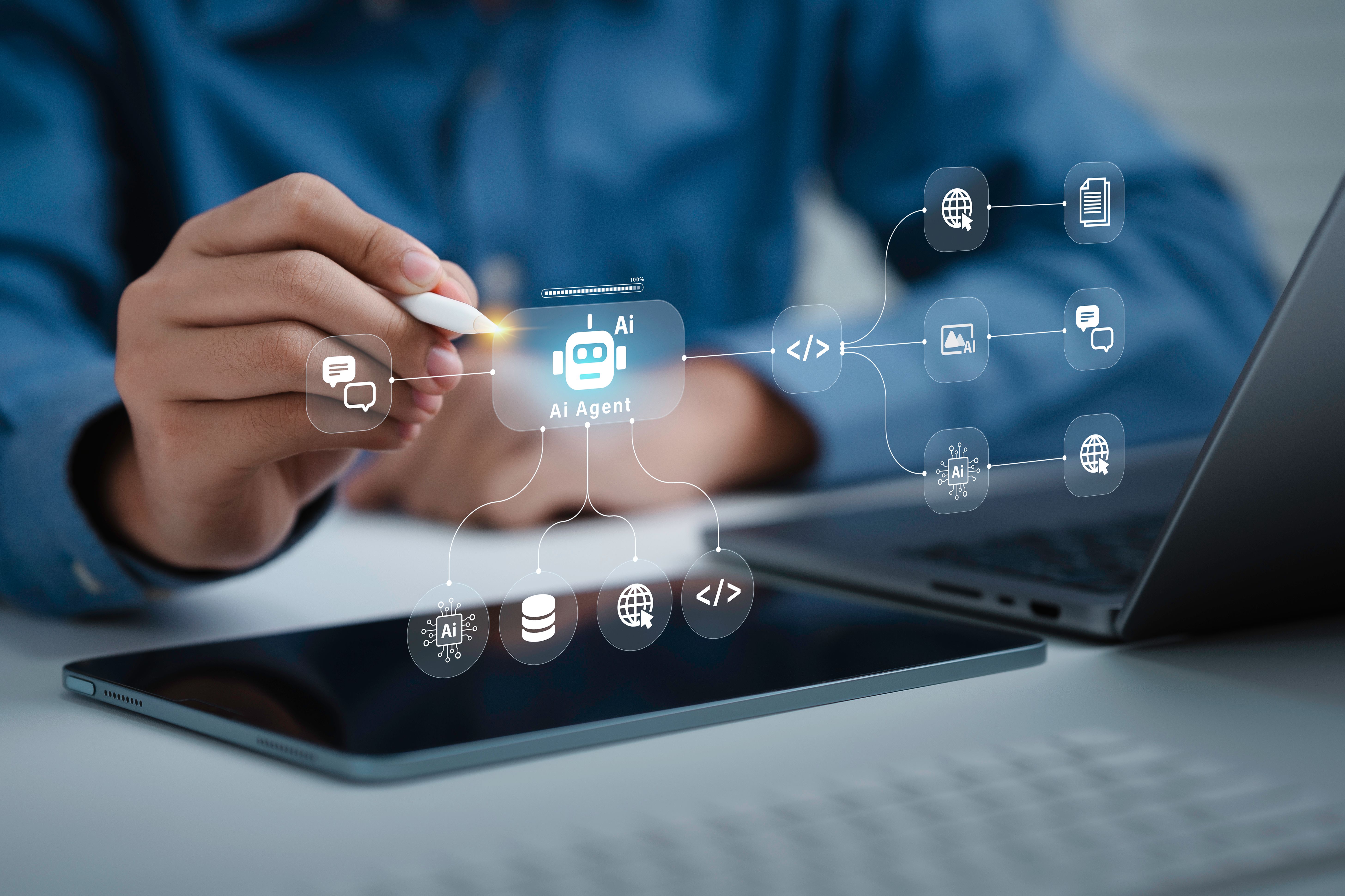 AI workflow automation concept. artificial intelligence software, Businessman uses AI Agent with Coding flow process technology, interface nodes triggers data tools