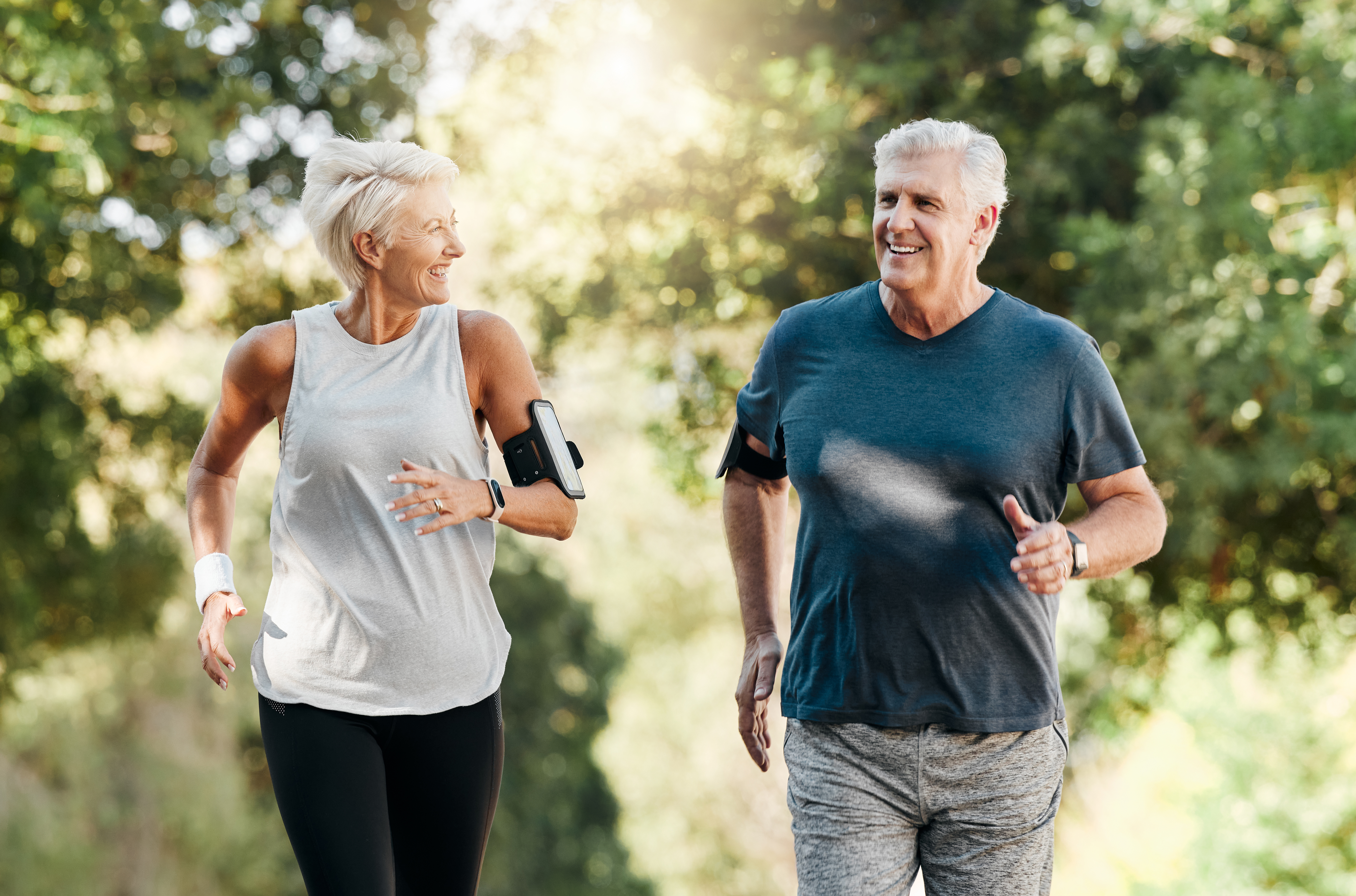 Health, senior couple and running in nature with healthy weight loss and muscle development with Sermorelin therapy