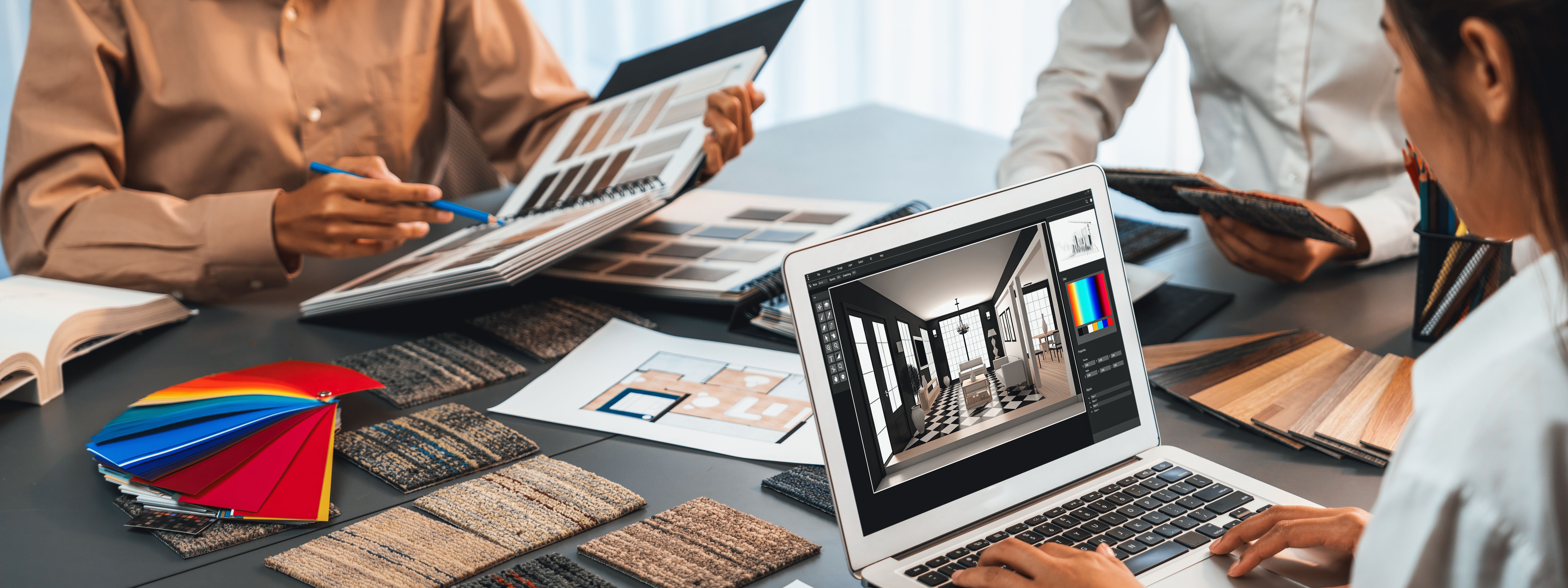 Group of interior architect at table choosing color selection. Insight