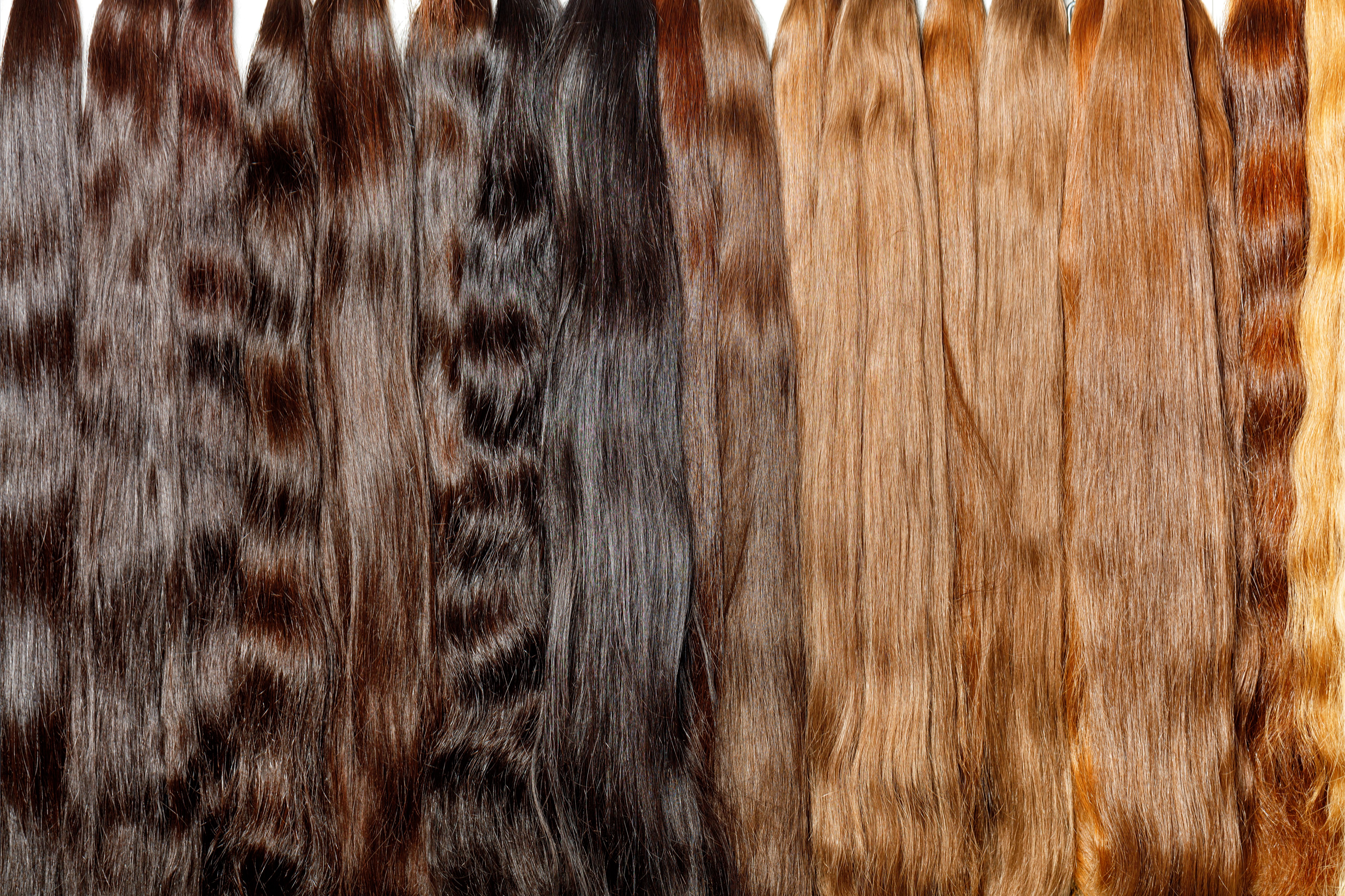 Bundles of healthy natural hair extensions, brown color, chocolate color, brown, shiny.