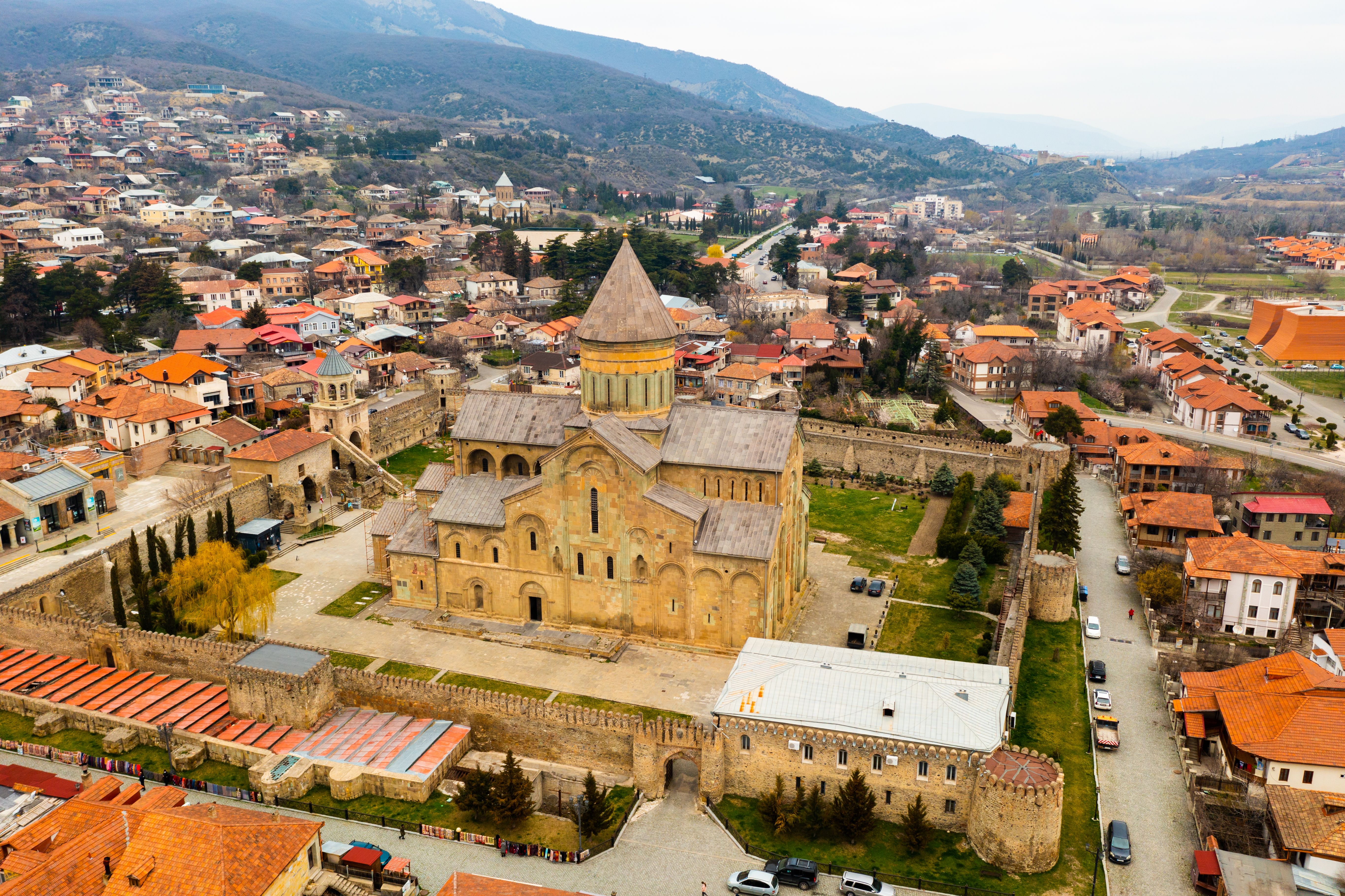 Aerial view of Georgian city of Mtskheta overlooking Svetitskhoveli Cathedral