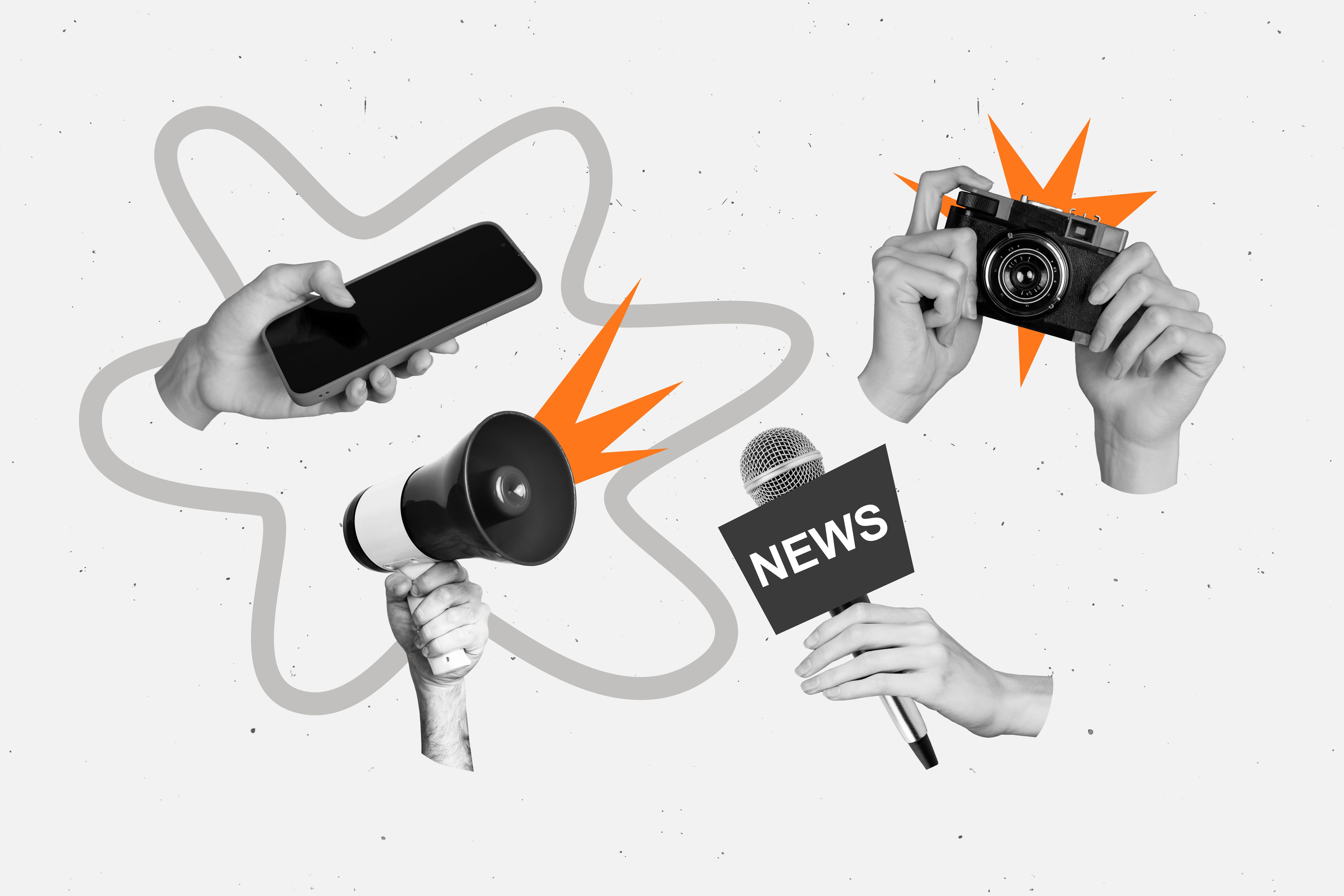 Composite sketch design artwork 3D photo collage of hand hold camera shooting phone megaphone news microphone journalism fake media press