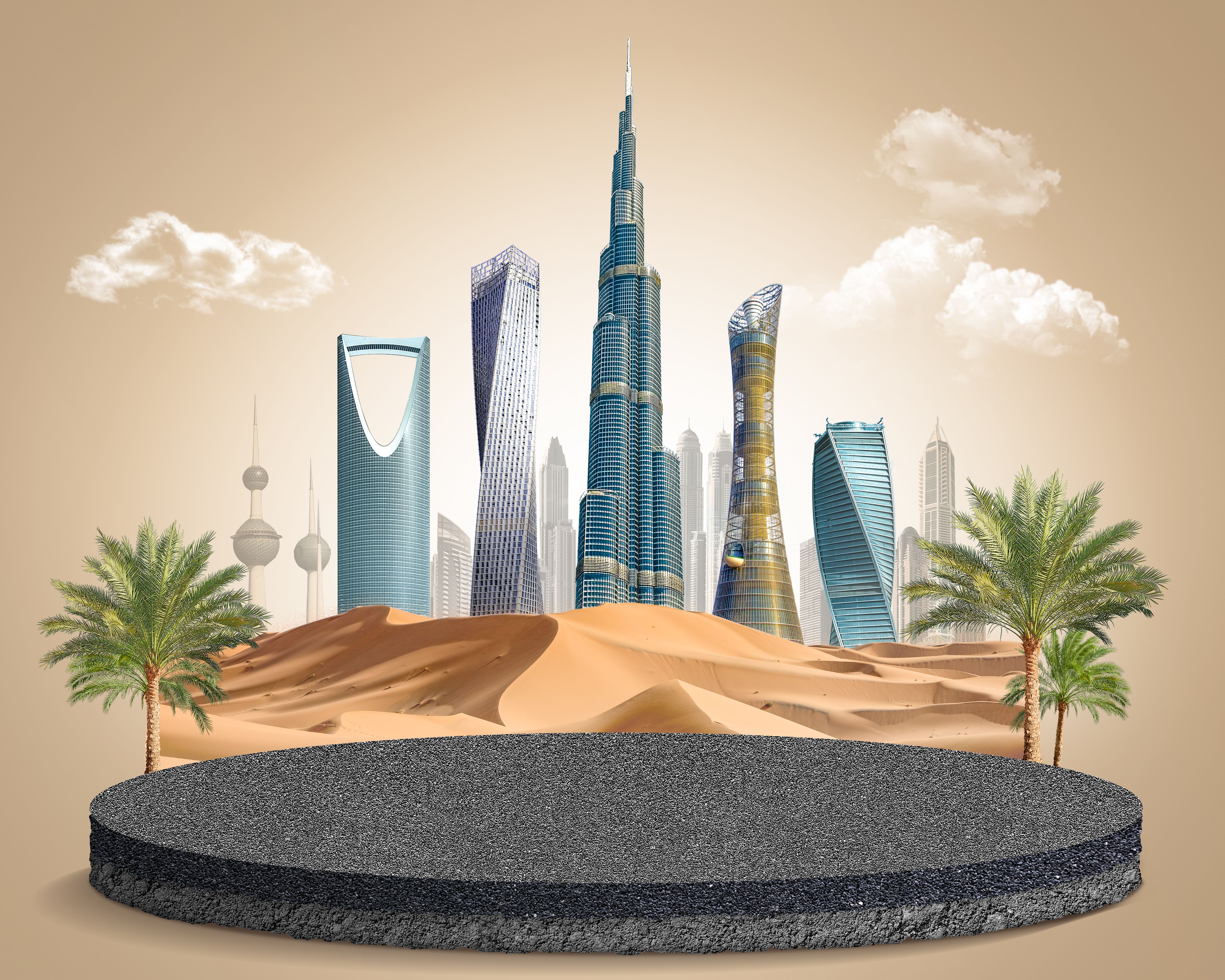 Middle east skyline with nature. abstract design template. skyscraper and dune sand, 3d illustration. isolated background. asphalt plot. Middle east skyline with nature. abstract design template. skyscraper and dune sand, 3d illustration. isolated background. asphalt plot.