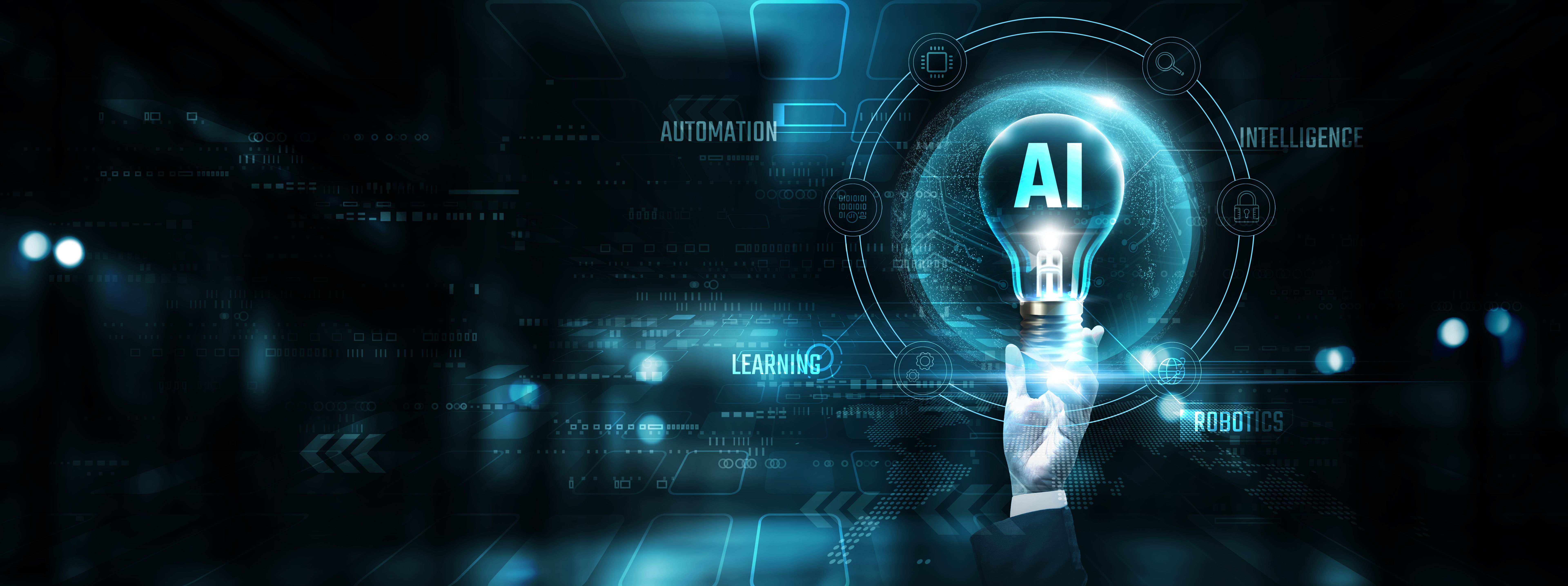 Artificial Intelligence: Hands of businessman holding light bulb and AI with data network digital technology. Machine learning, automation, analytics, innovation.