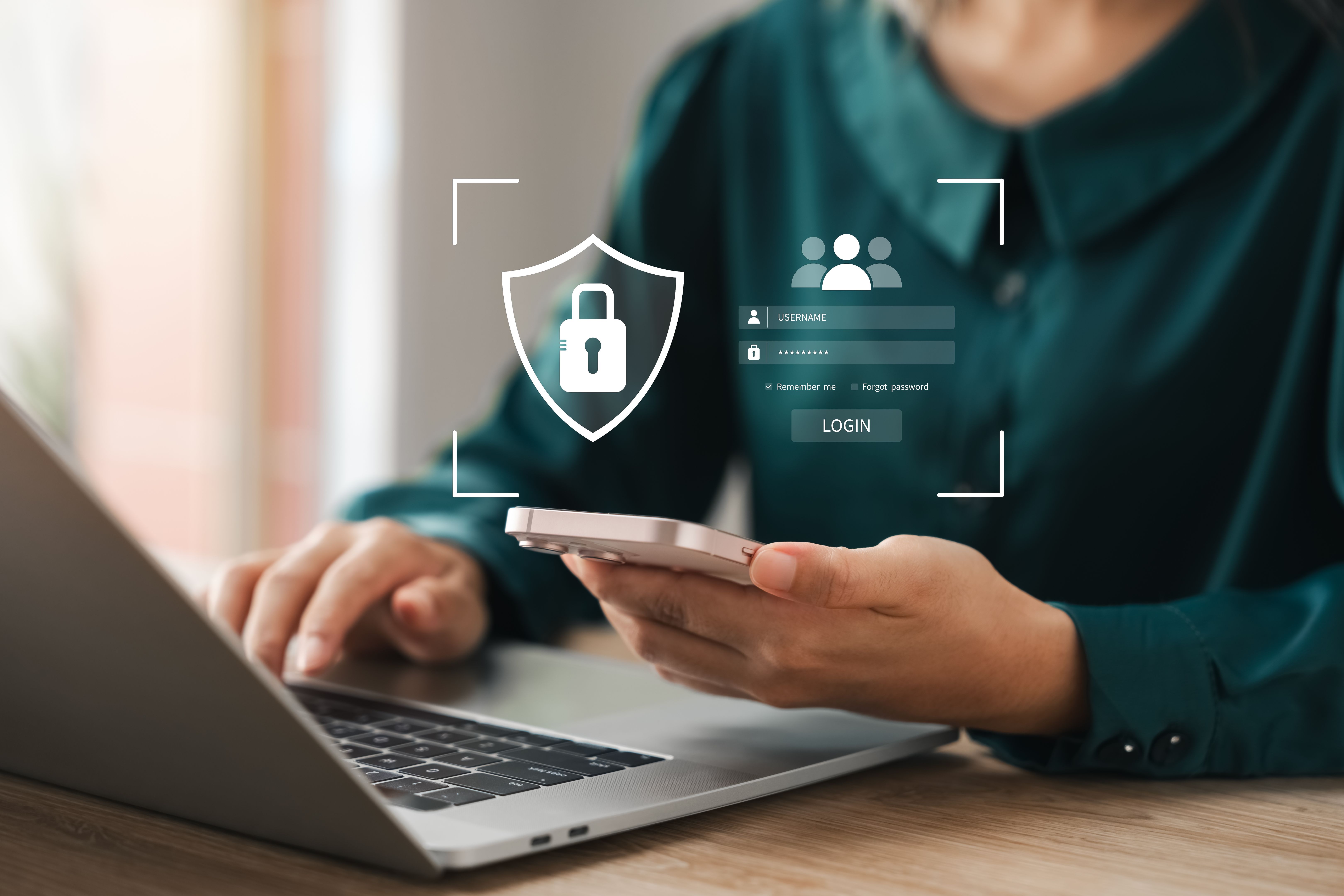 Cybersecurity and privacy concepts to protect data. Lock icon and internet network security technology. Businesswomen protecting personal data on smartphone virtual interfaces.