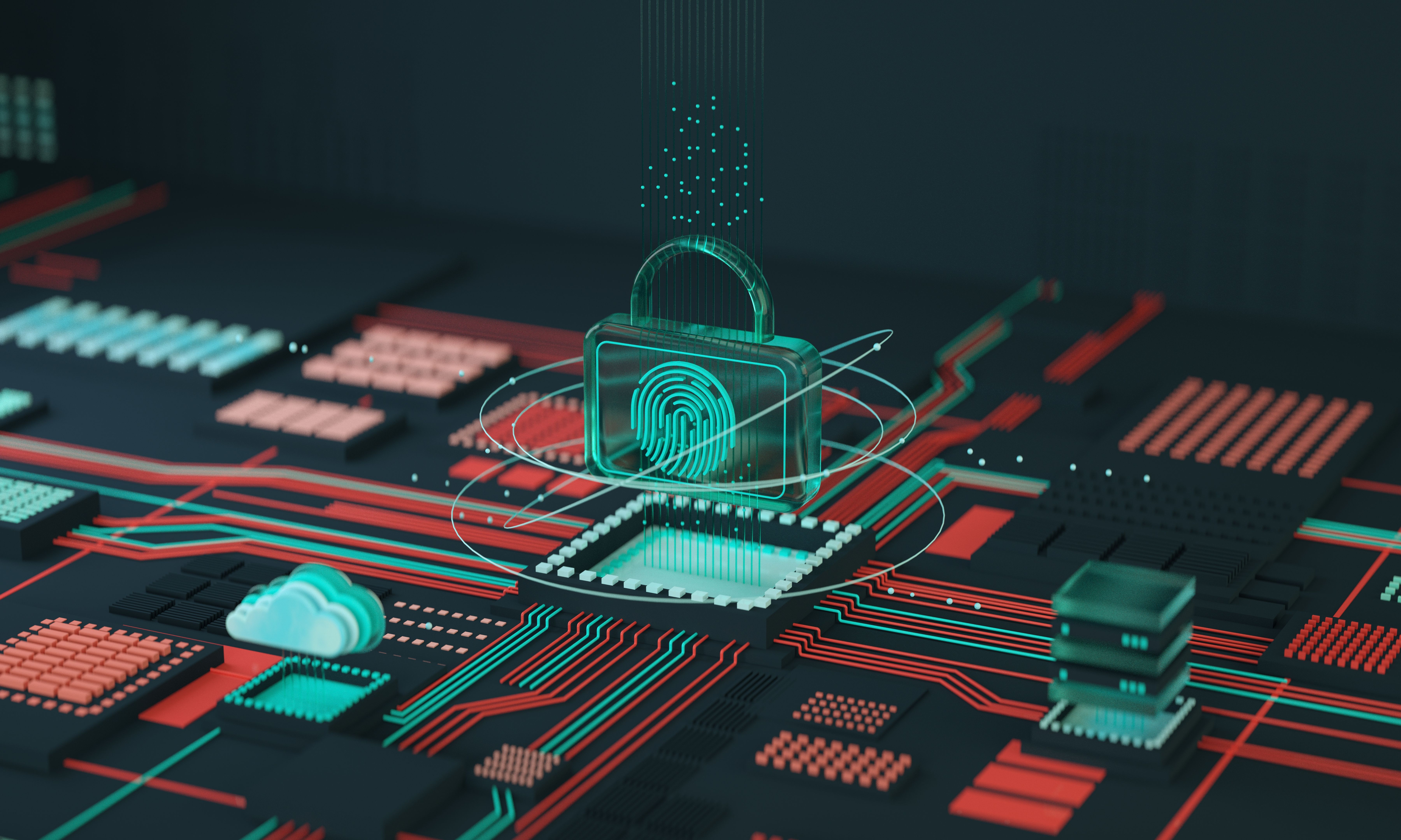 Ai computer data center, database, data transfer. Blue shield. Website, computer protection concept. Information security vs cyber security. 3D render