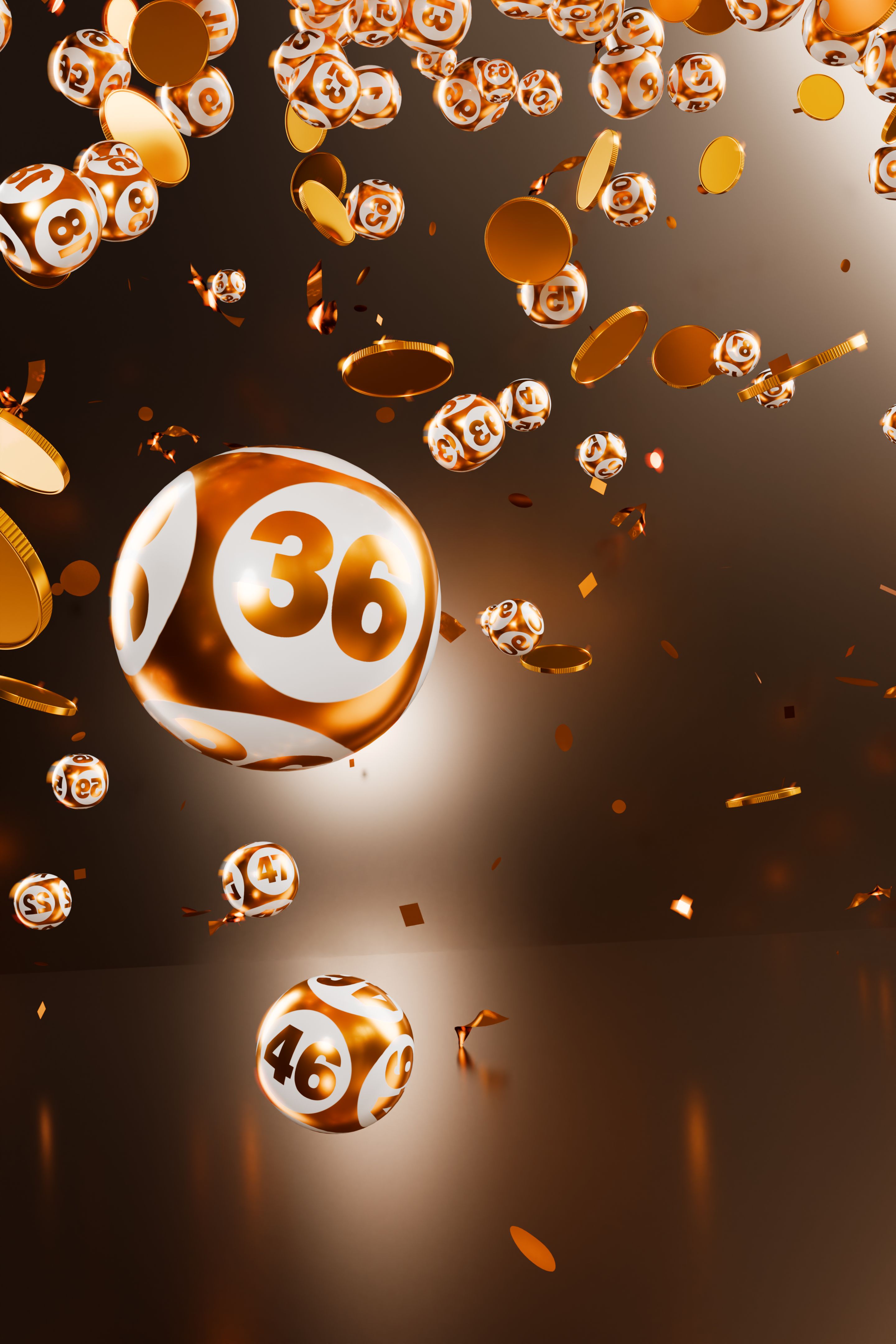 Lottery balls in gold coins and confetti 3D rendering.