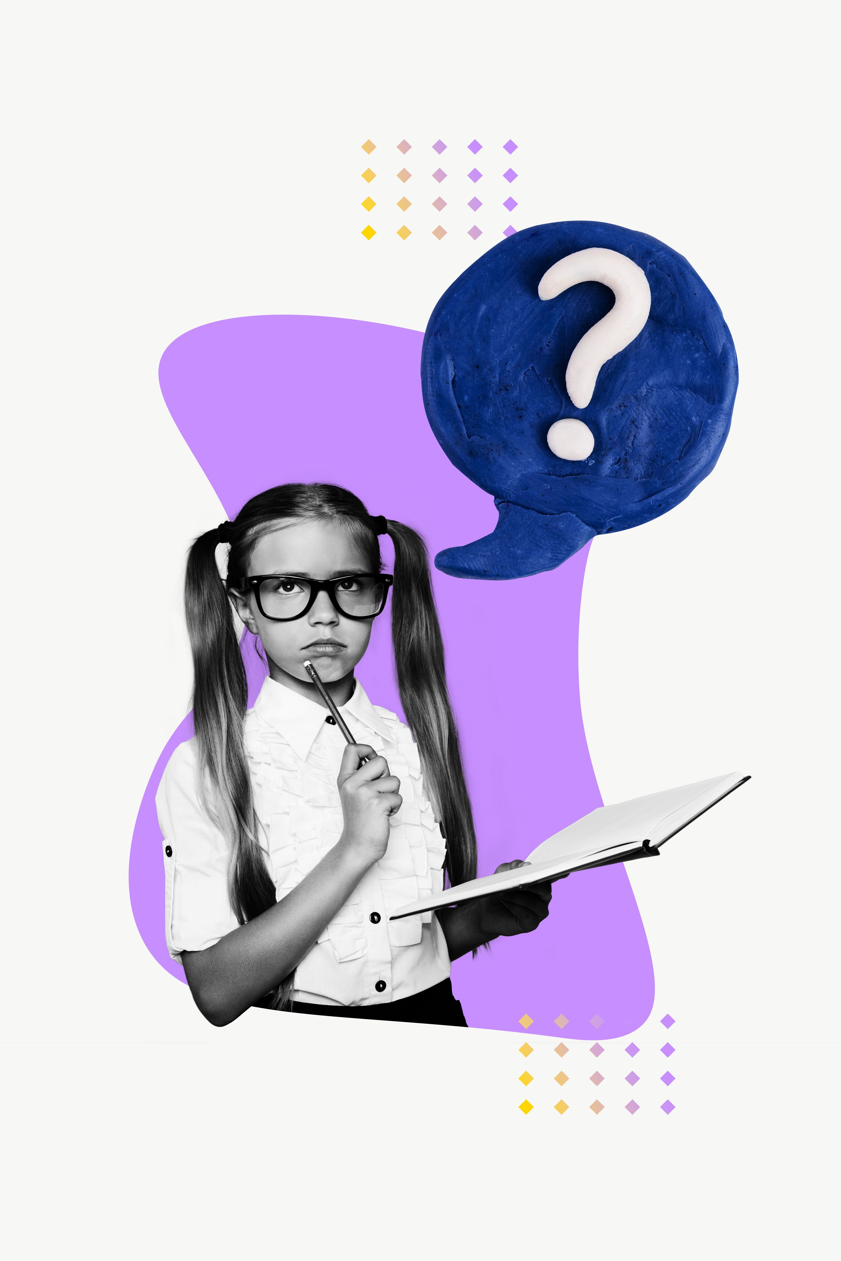 Trend collage template composite sketch of young girl minded hold open book think cloud question classroom back school autumn college Trend collage template composite sketch of young girl minded hold open book think cloud question classroom back school autumn college