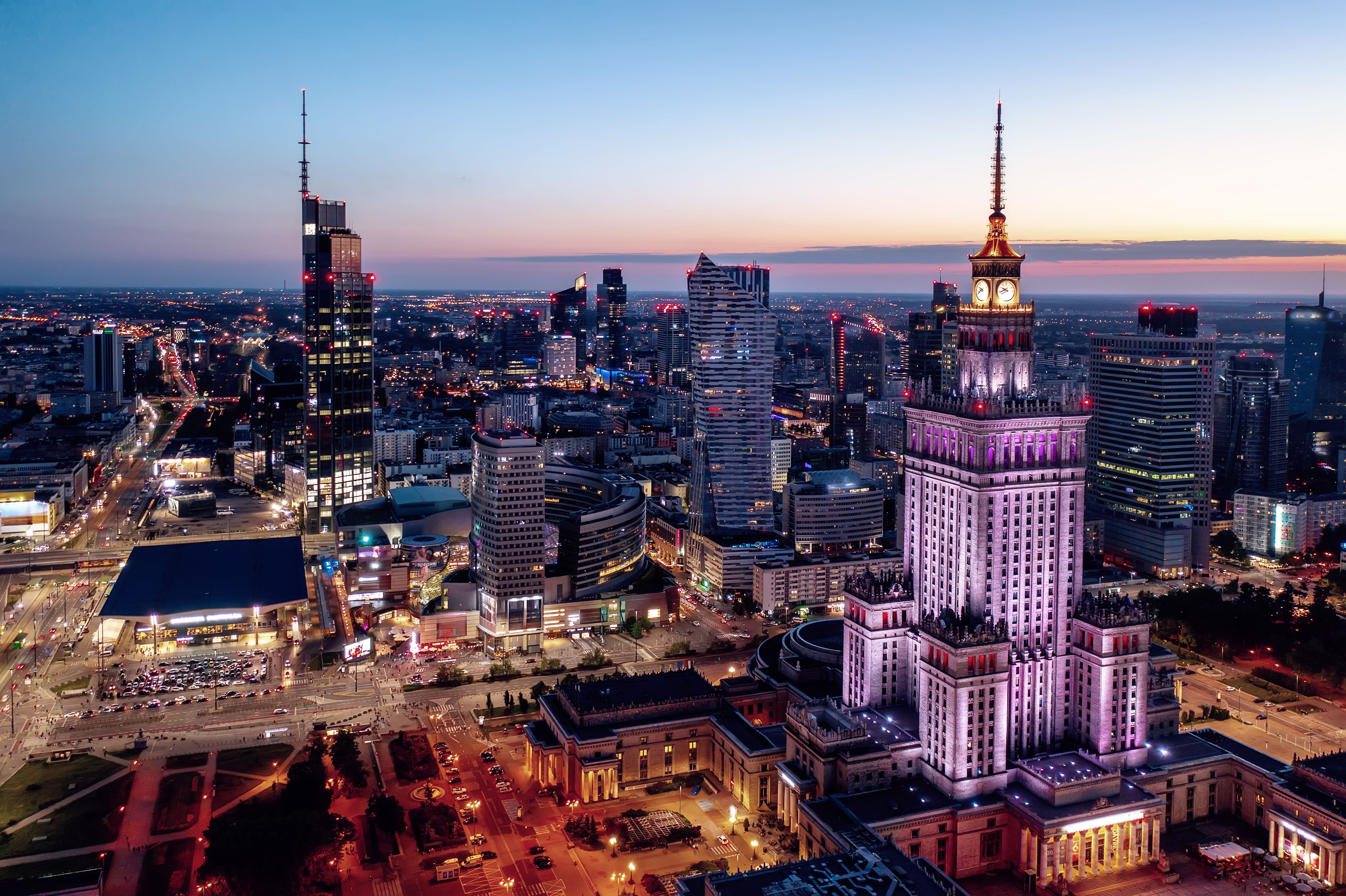 Palace of Science and Culture, Warsaw city center at night