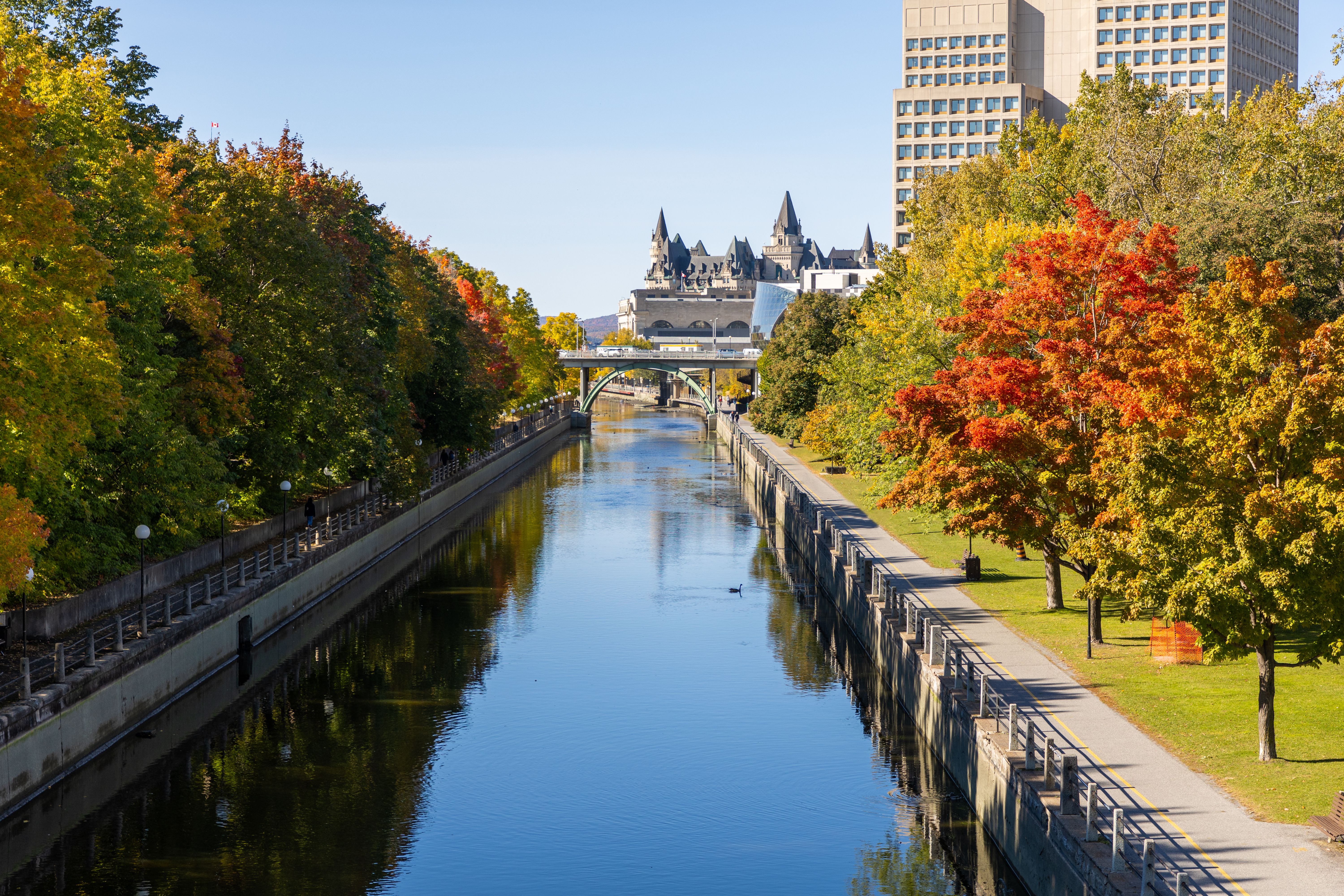 Rideau Canal in Ottawa, Canada during the autumn season with fall trees.