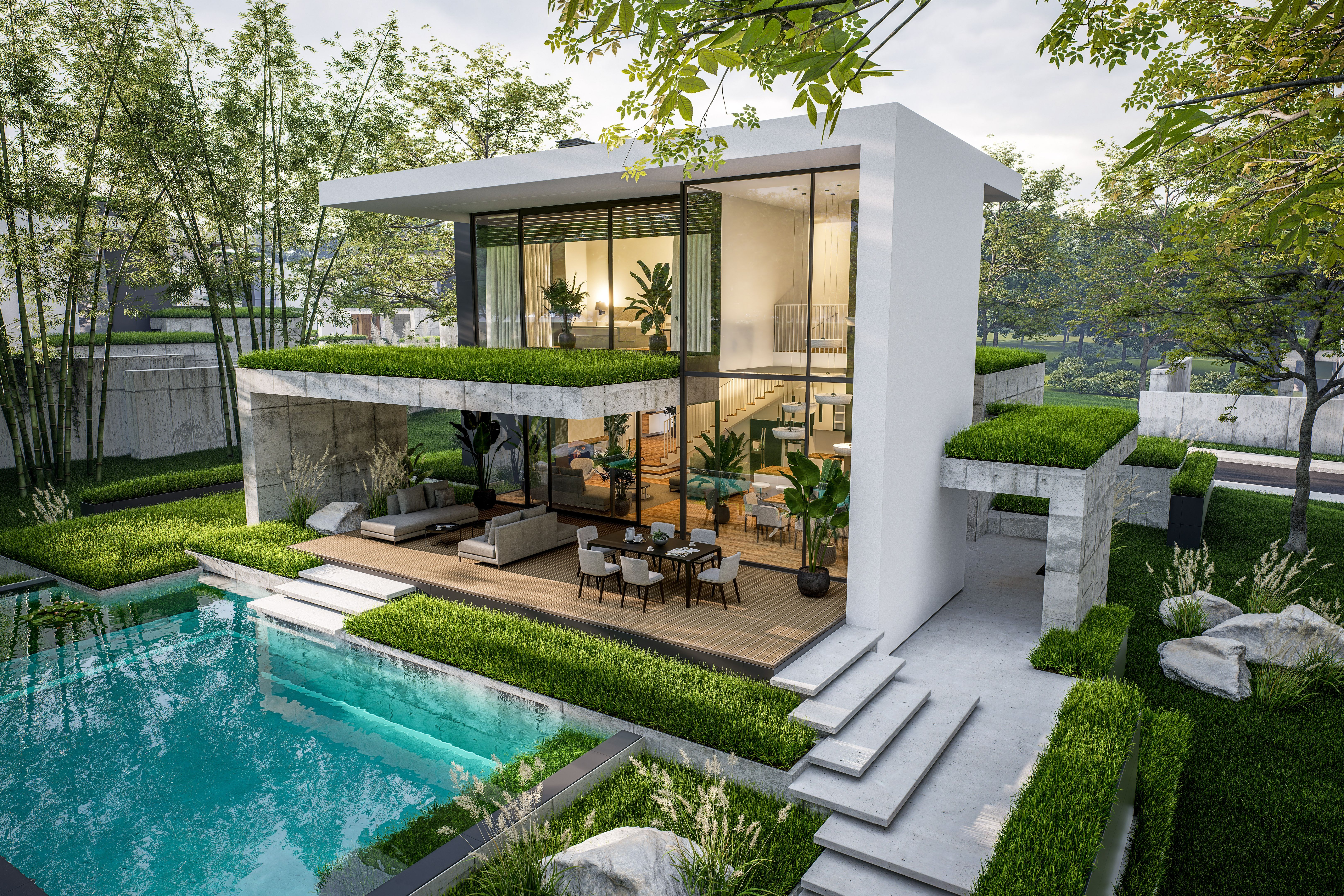 3d rendering of flat roof house with concrete facade in evening