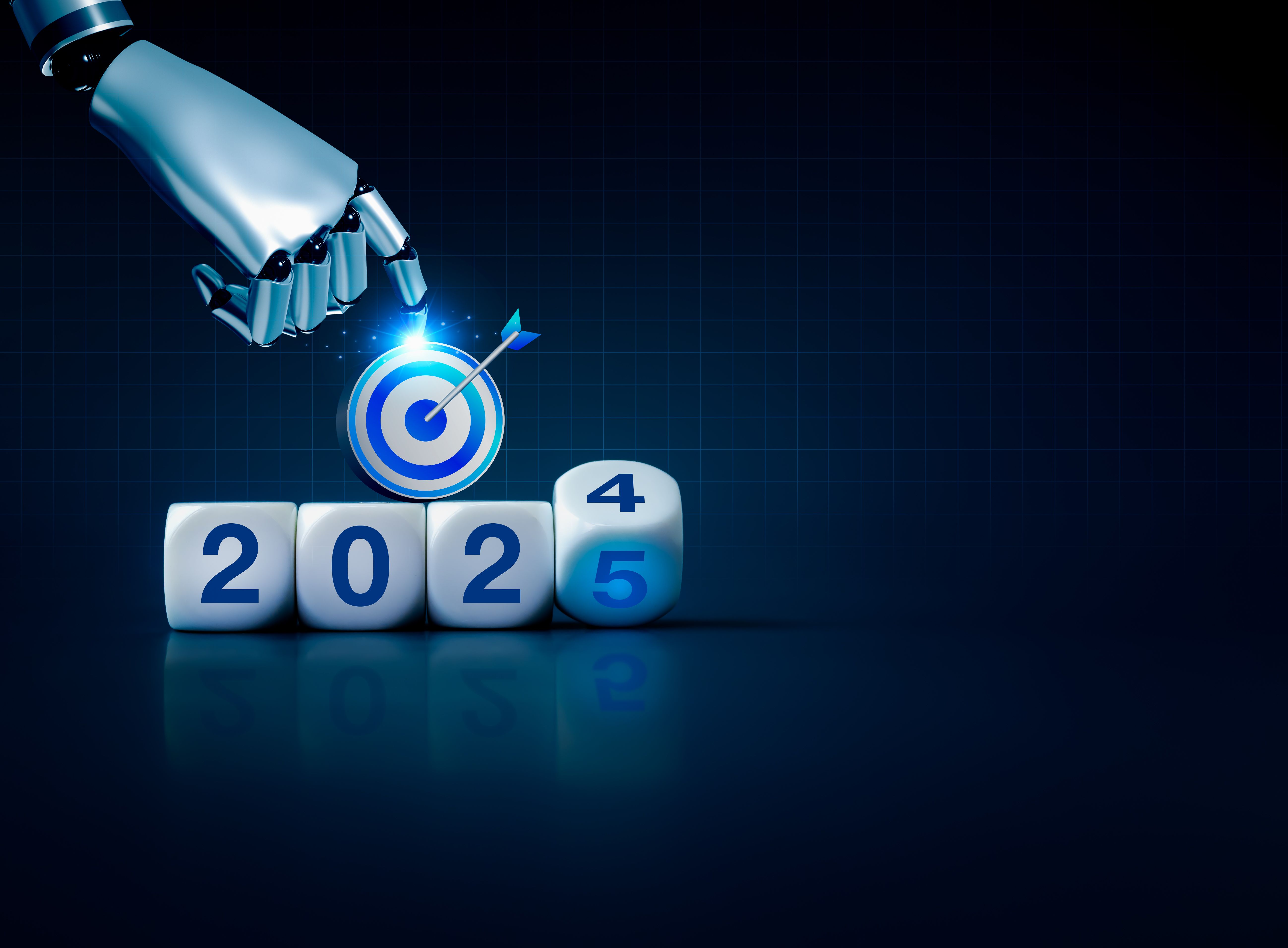 2024 happy new year with AI technology management, goal and success concepts. Robot hand touching on 3d target icon on flipping blocks 2024 to 2025 year calendar on network background with copy space.