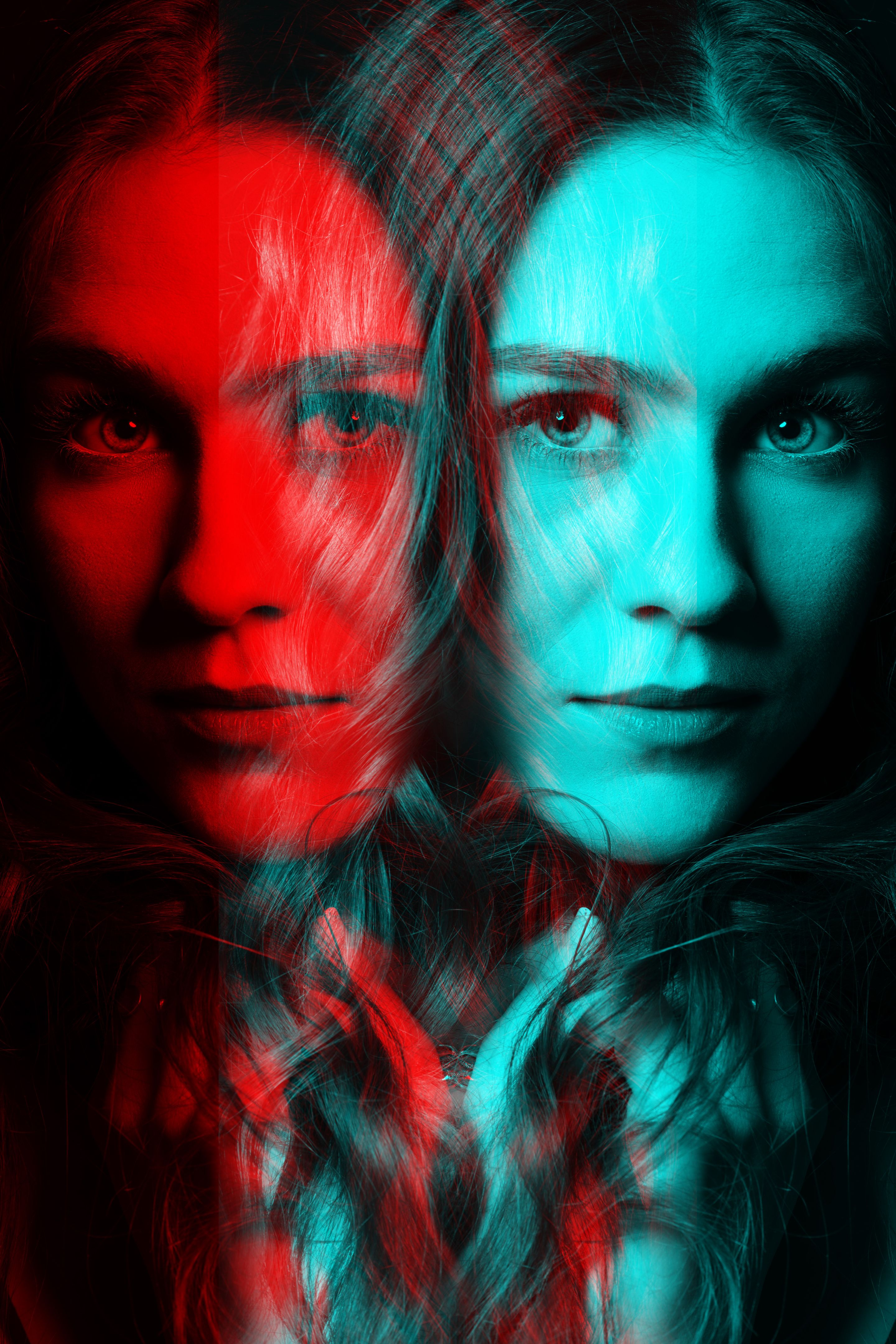 Beautiful woman with long wavy hair studio portrait in RGB color split effect style