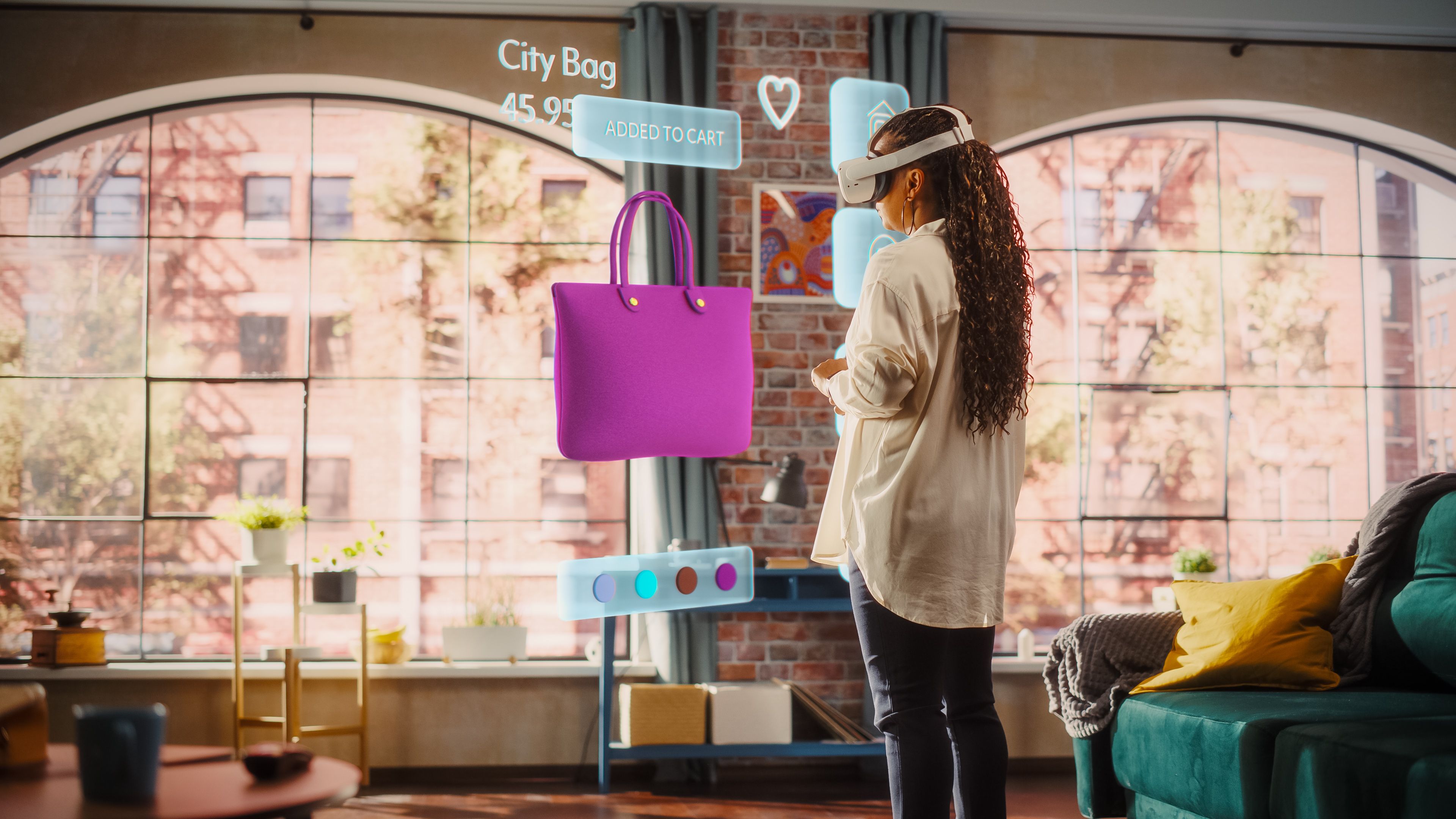 Black Woman Using Virtual Reality Headset for Online Shopping, Browsing through Cool Handbags items. Ordering from Mock-up Internet Store App for e-Commerce products. Augmented Reality Concept.