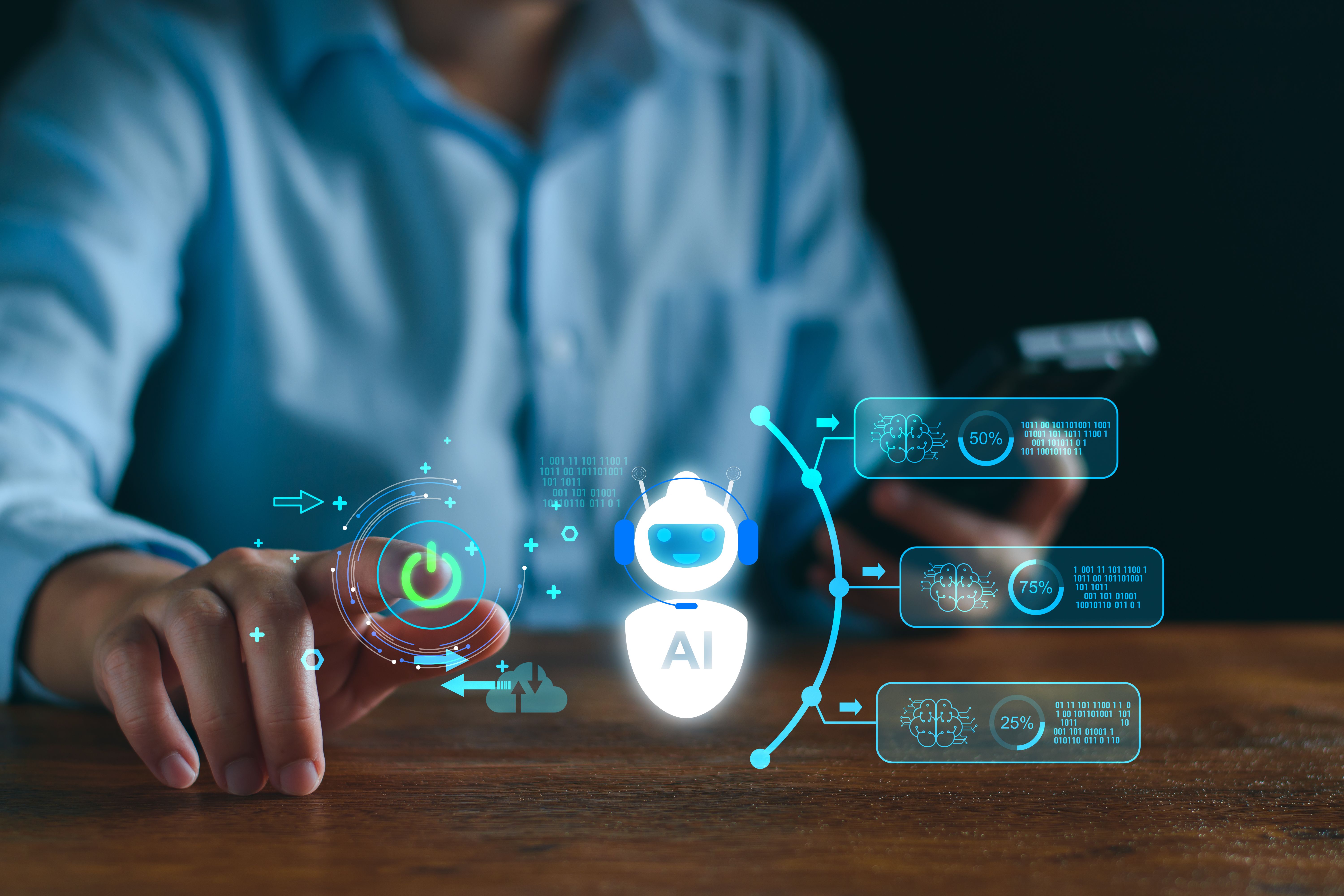 Chatbot Chat-Konzept KI, Künstliche Intelligenz. Geschäftsmann mit Technologie intelligente Roboter KI, Eingabeaufforderung, Kontakt für Geschäftsinformationsanalyse, Futuristische Technologietransformation.