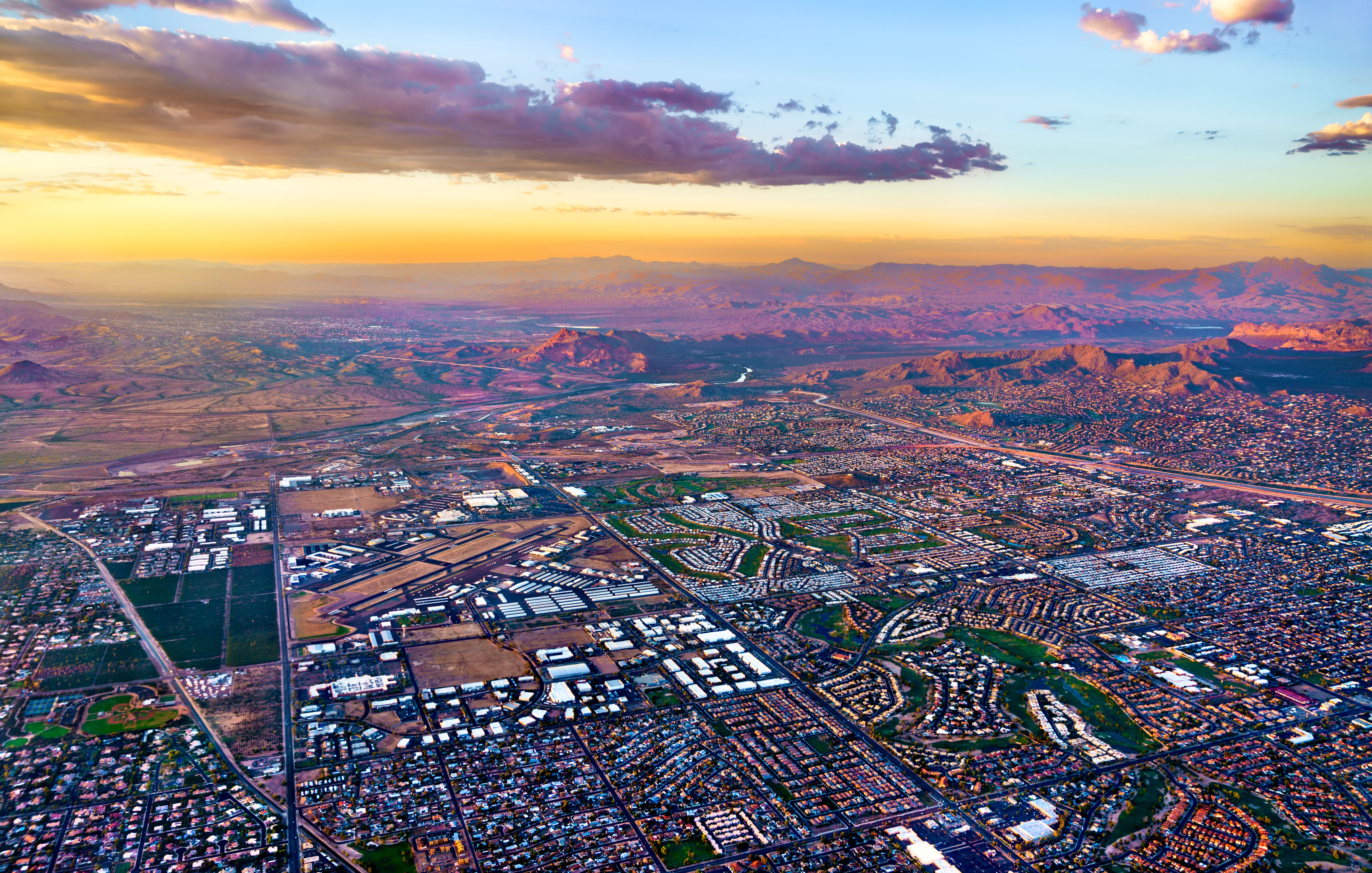 Sunset above suburbs of Phoenix, Arizona