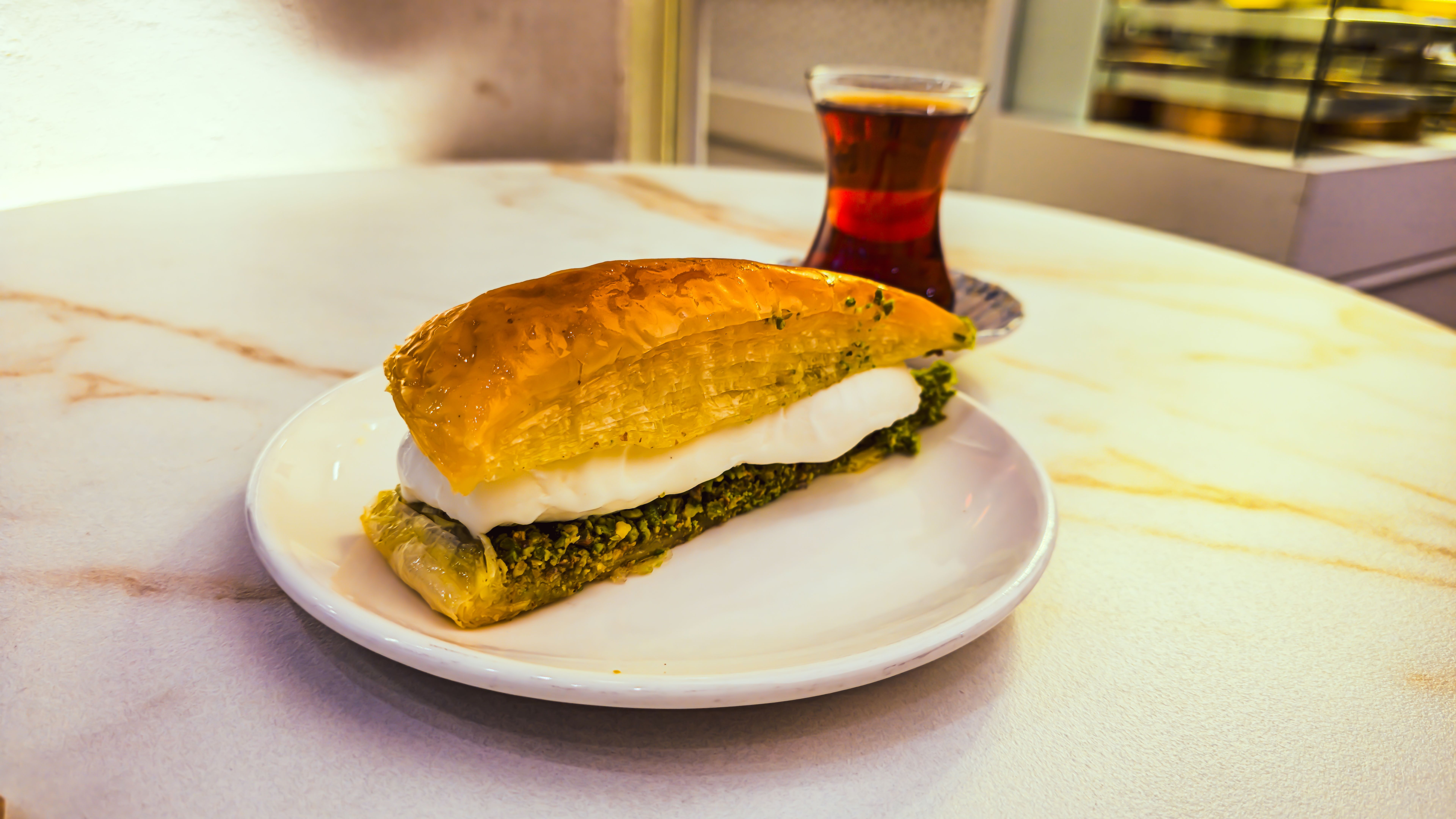 Traditional Baklava with Ice Cream and Turkish Tea