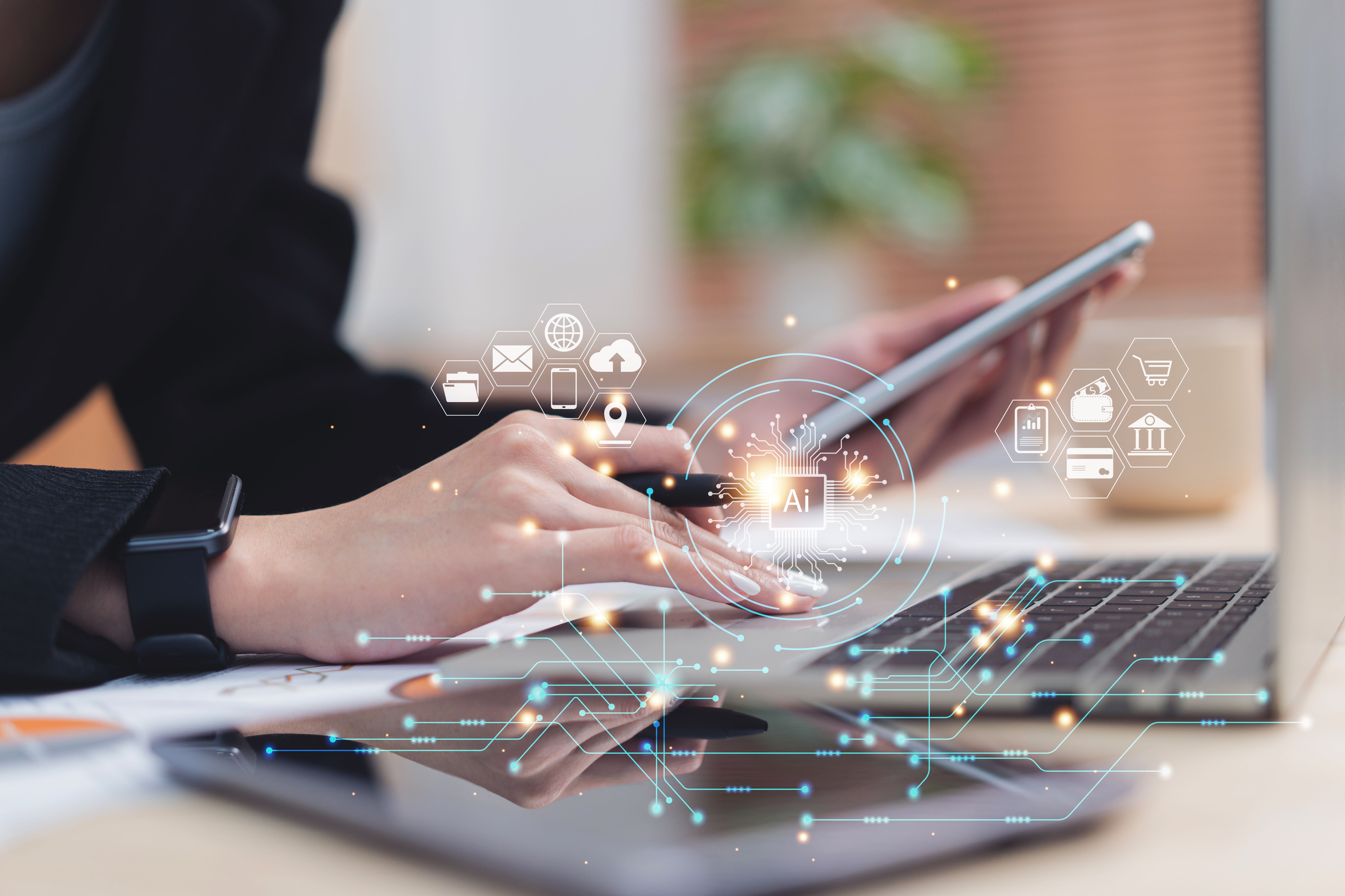 Close up hands of business person using phone and laptop for cloud computing technology with online internet network