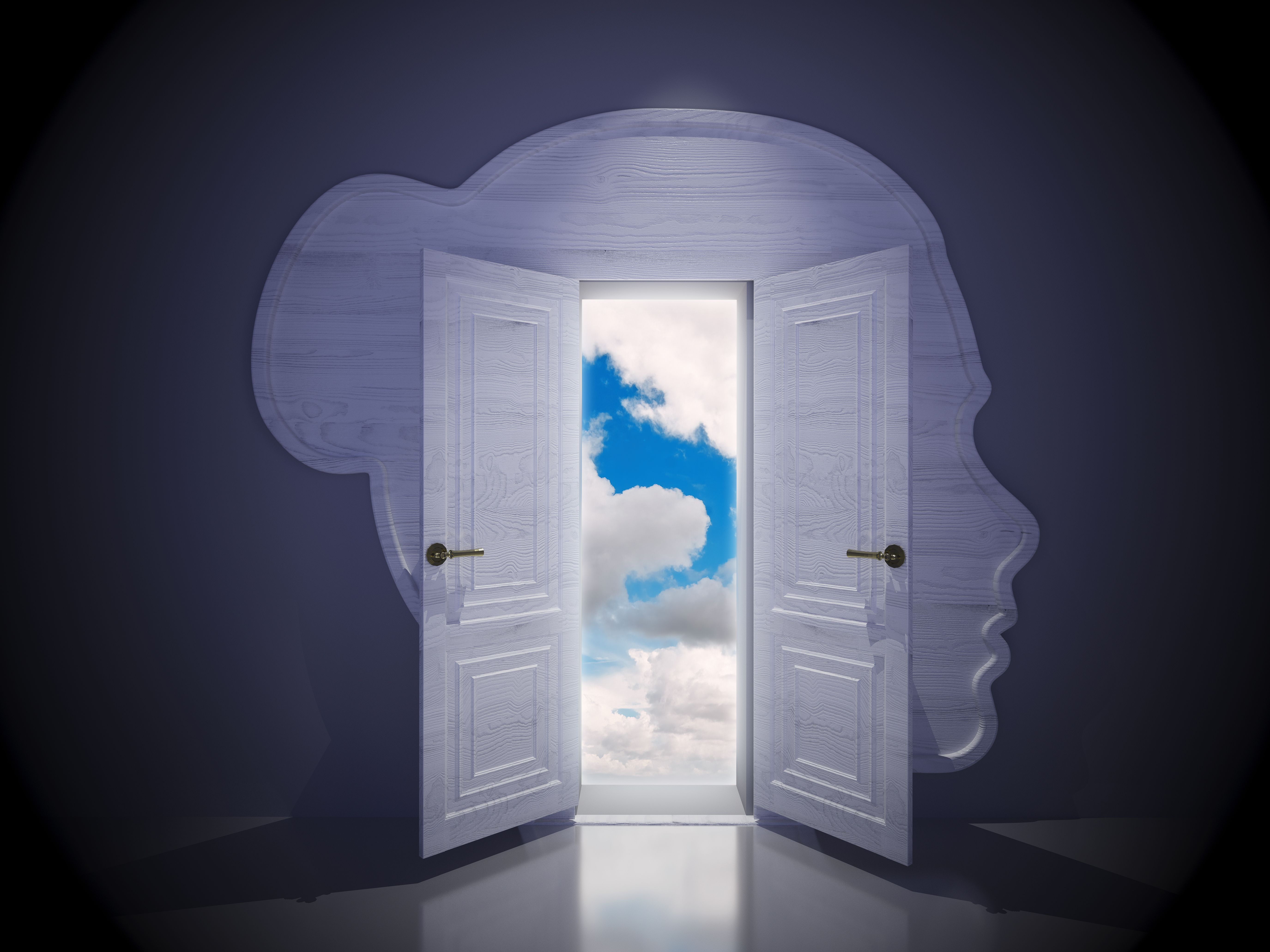 A surreal doorway with a woman’s silhouette, opening onto a bright sky with clouds, creating a sense of mystery and imagination A surreal doorway with a woman’s silhouette, opening onto a bright sky with clouds, creating a sense of mystery and imagination