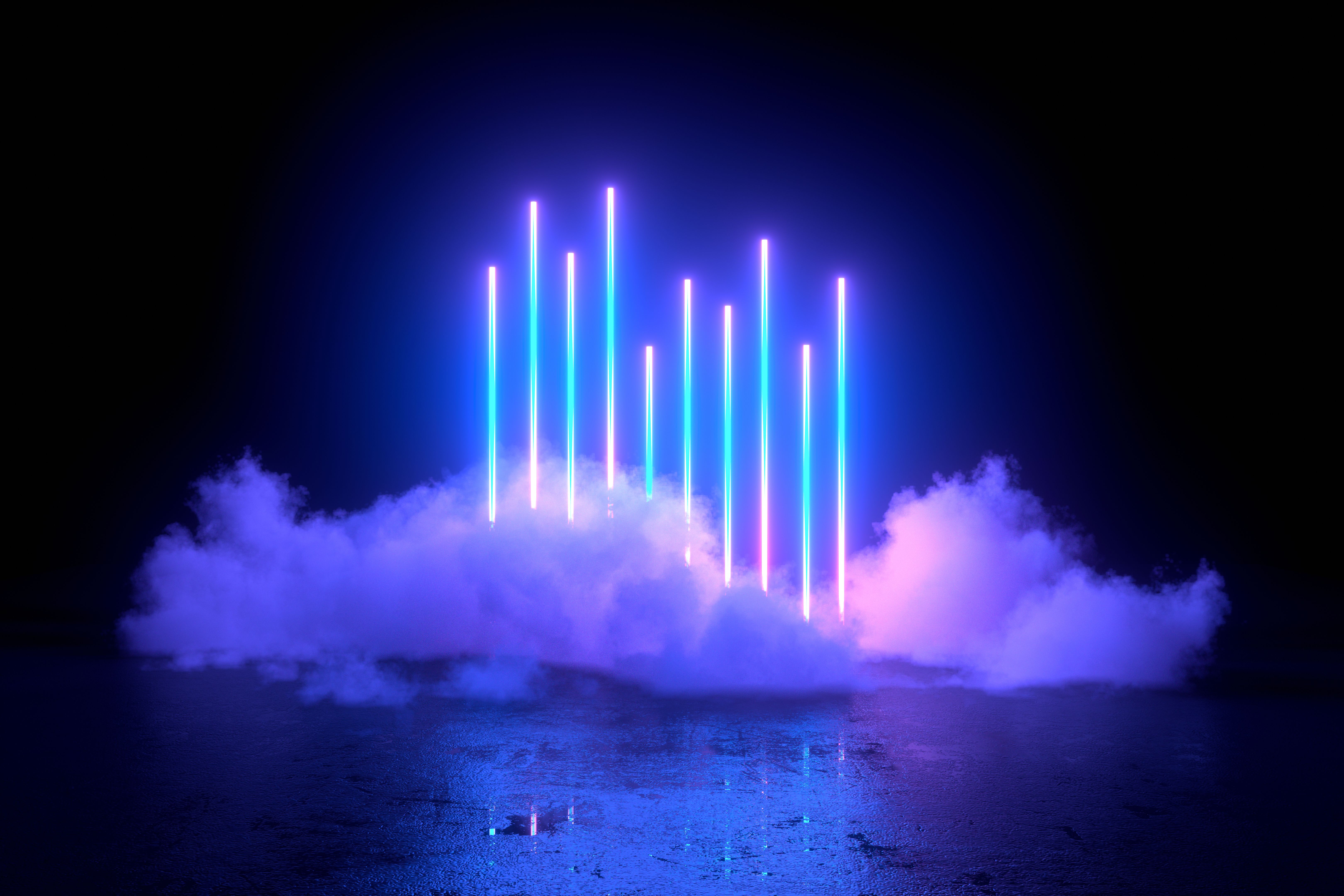 3d abstract background with ultraviolet neon lights, empty frame, cosmic landscape, glowing tunnel door with smoke