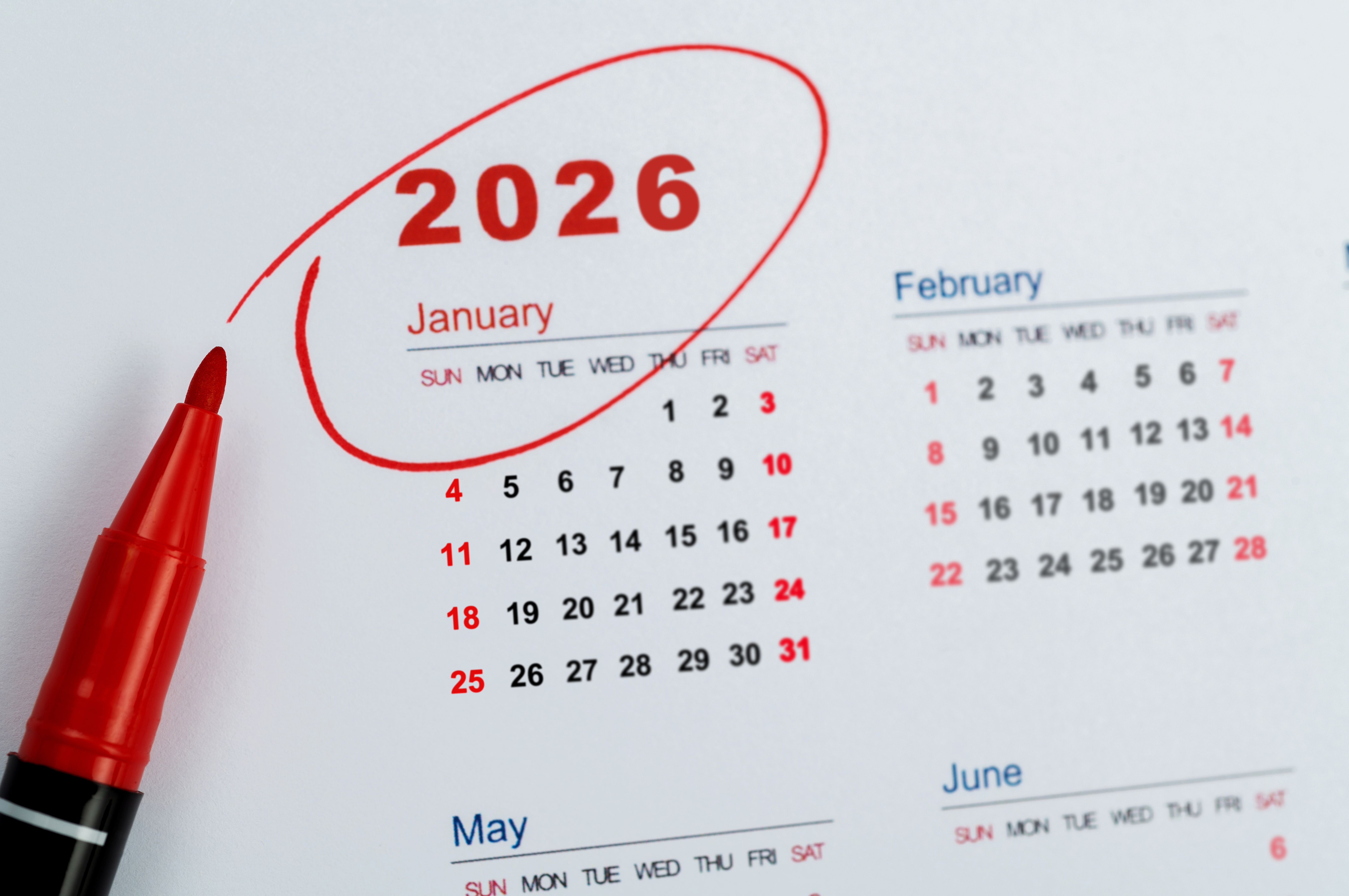 Red mark on the calendar at January 2026 Red mark on the calendar at January 2026