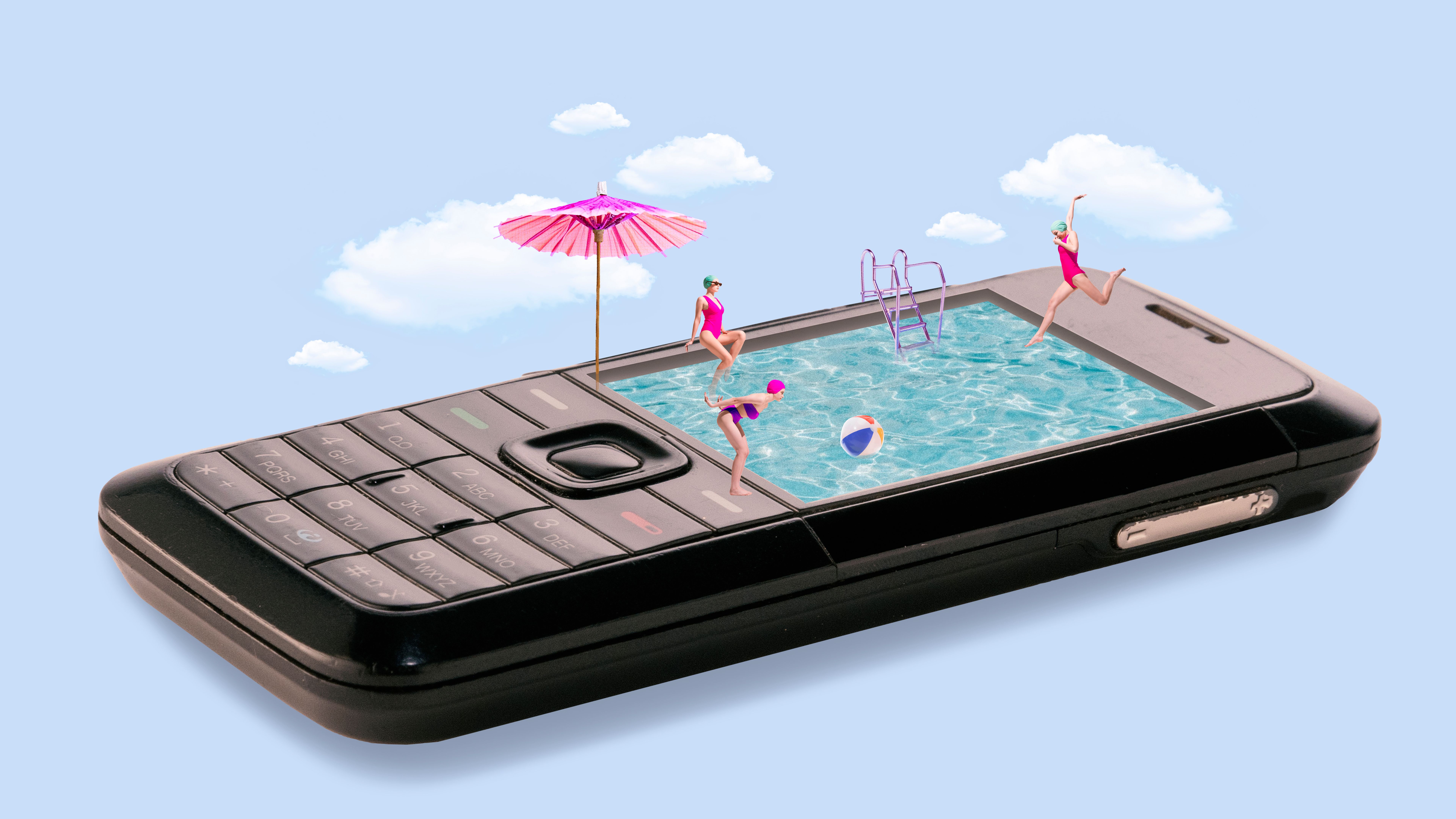 Contemporary art collage. vintage phone turned into pool where young woman relaxing and swimming against blue background with clouds.
