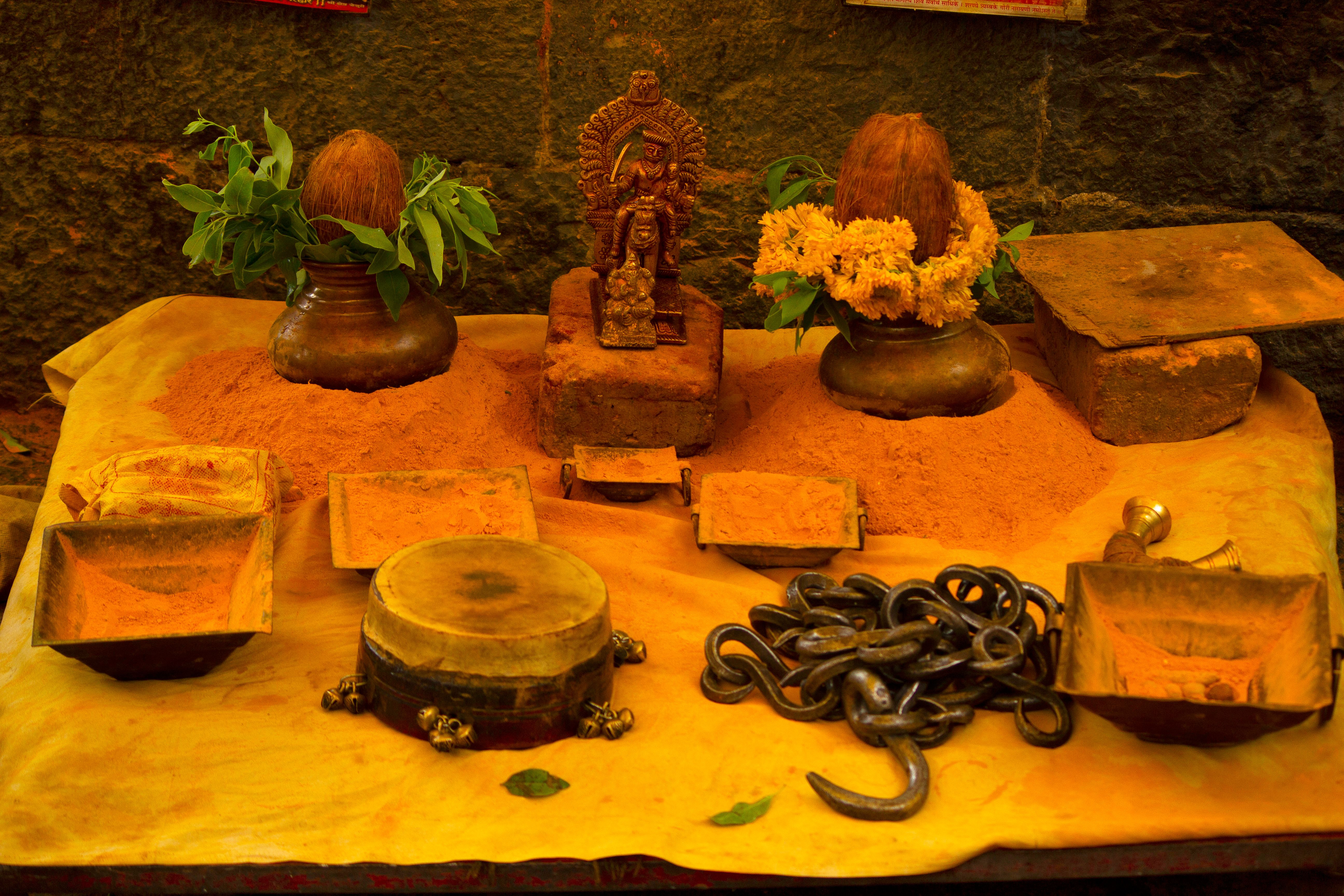 Items of worship  in saffron color powder, Pune District, Maharashtra, India