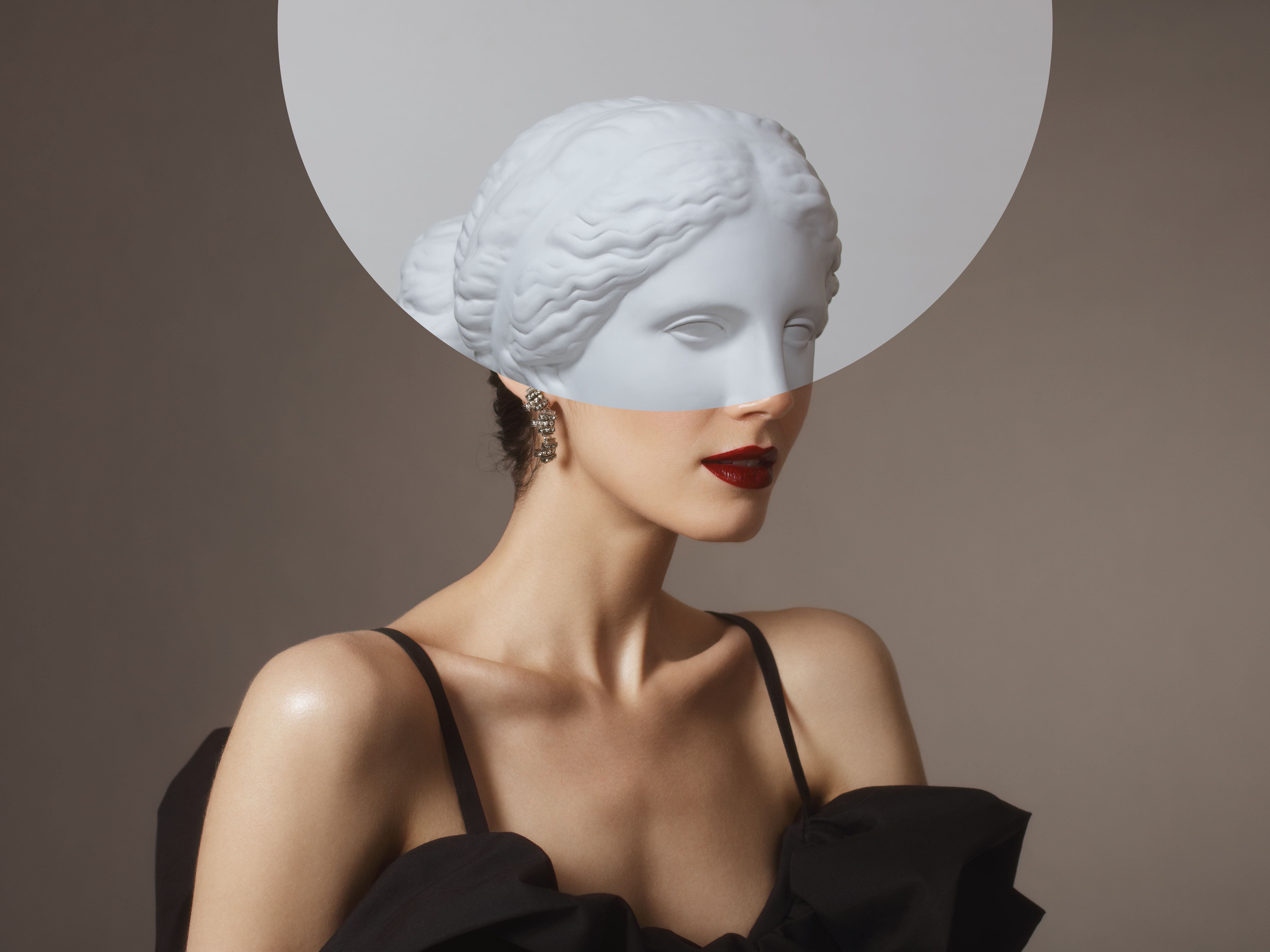 Collage with woman and plaster head of Greek Goddess Collage with woman and plaster head of Greek Goddess