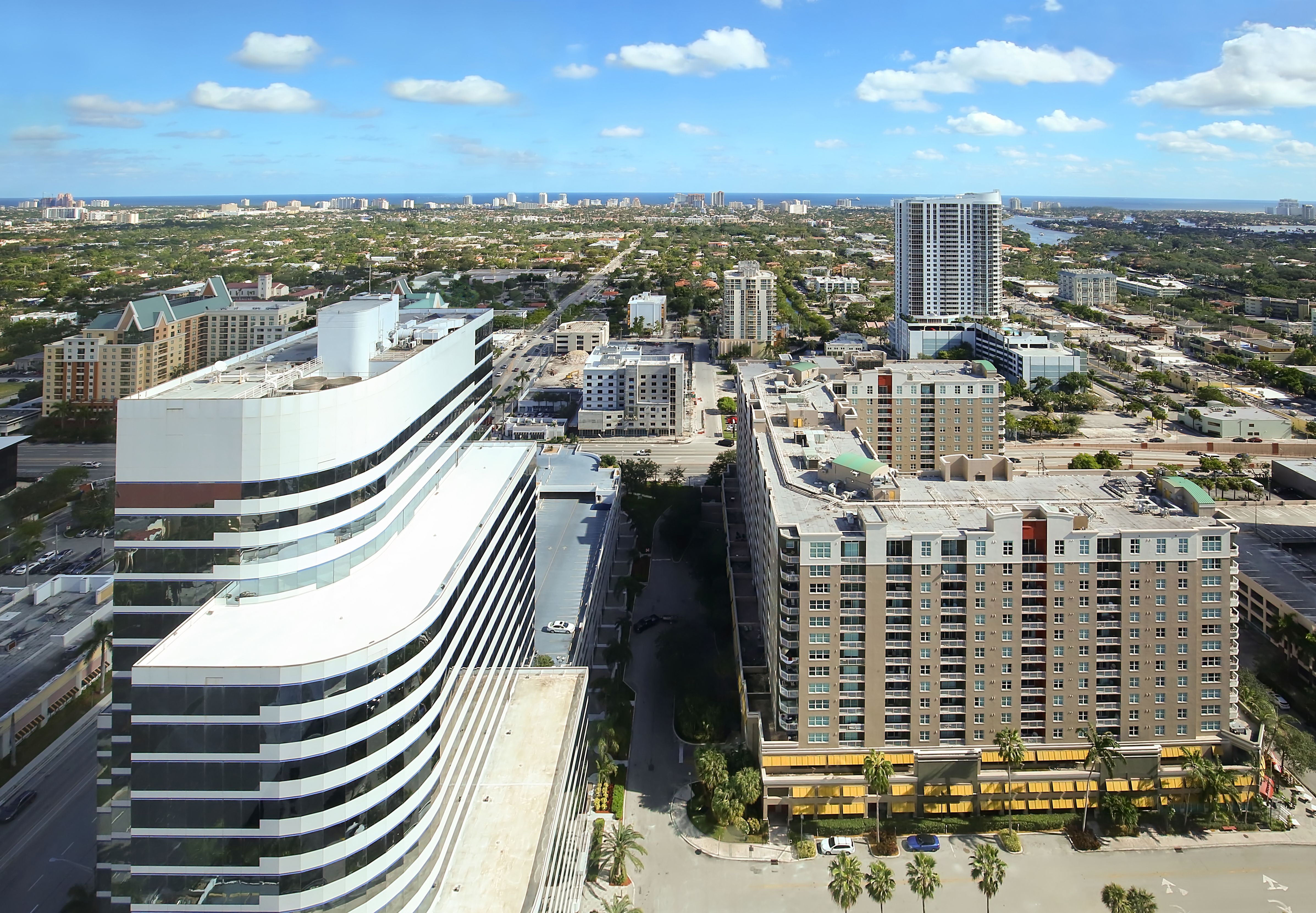 Beautiful aerial view of downtown Fort Lauderdale skyline, looking east to the beach.