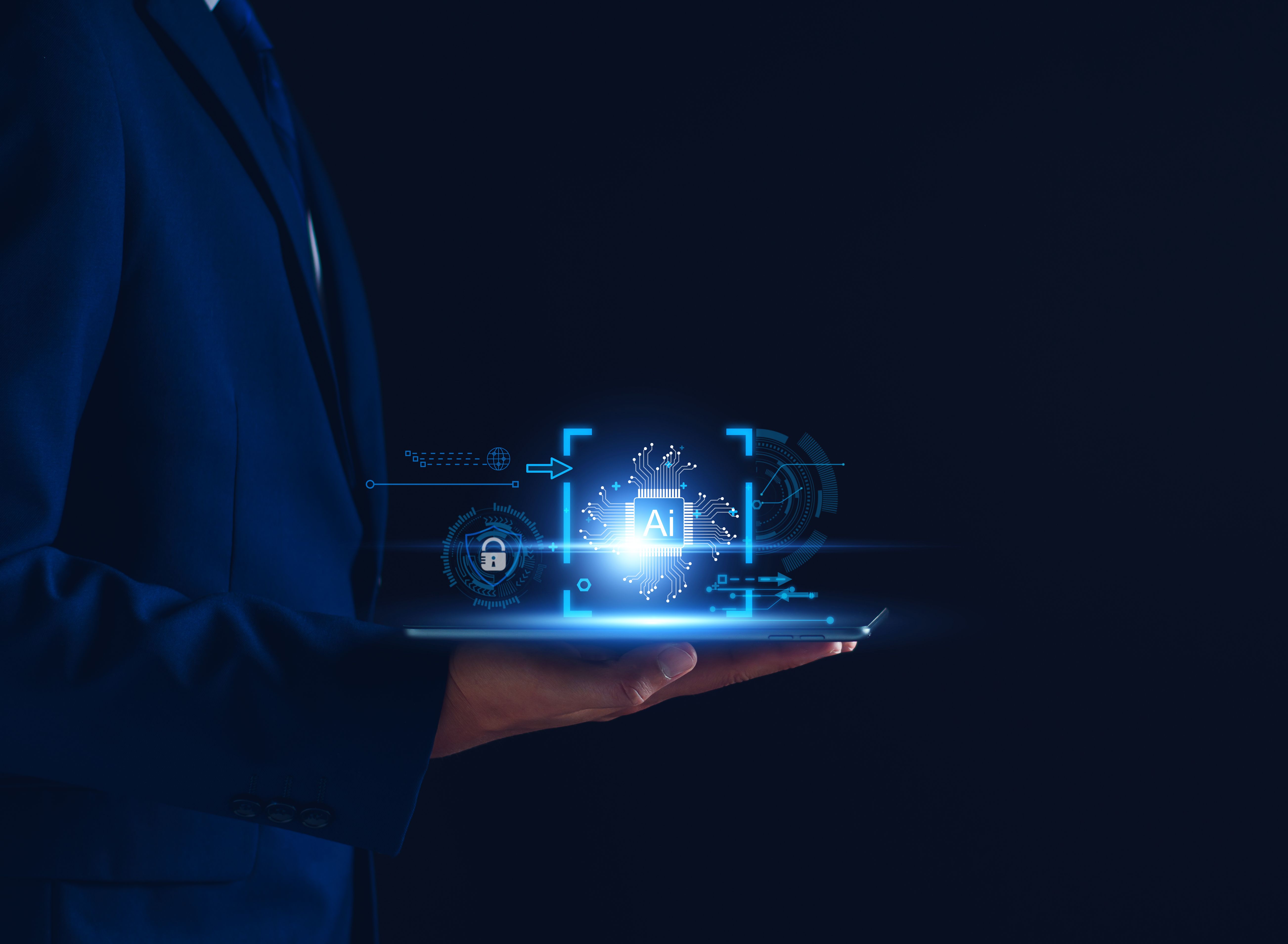 KI für das Geschäftskonzept. Künstliche Intelligenz, KI. Geschäftsmann mit Technologie Smart Robot AI, Eingabeaufforderung, Roboterassistent für Geschäftsanalyse, Futuristische Technologietransformation.