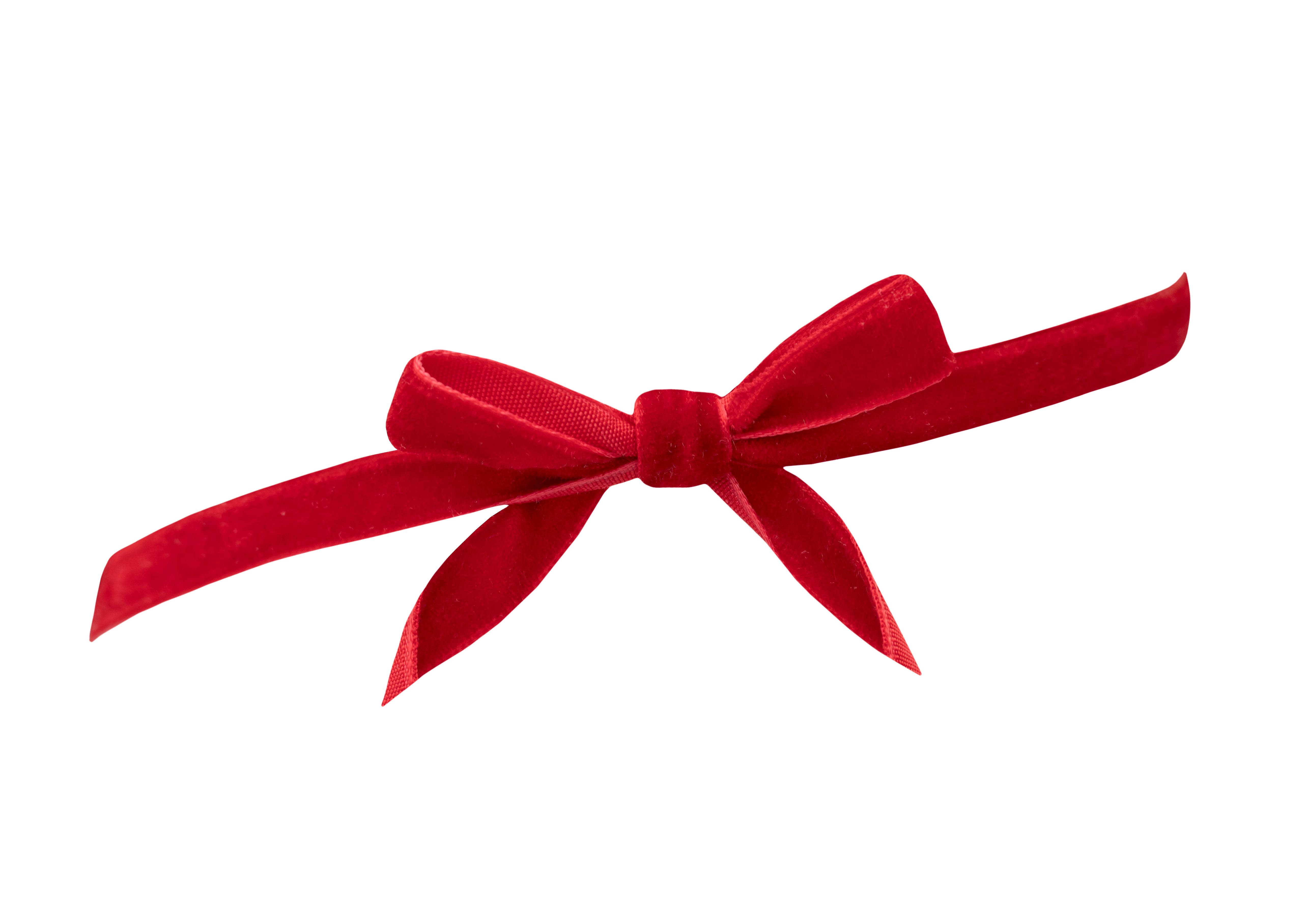 Nastro di velluto rosso e fiocco rotondo a forma curva elemento decorativo isolato su bianco. Design natalizio, decorazione di San Valentino.