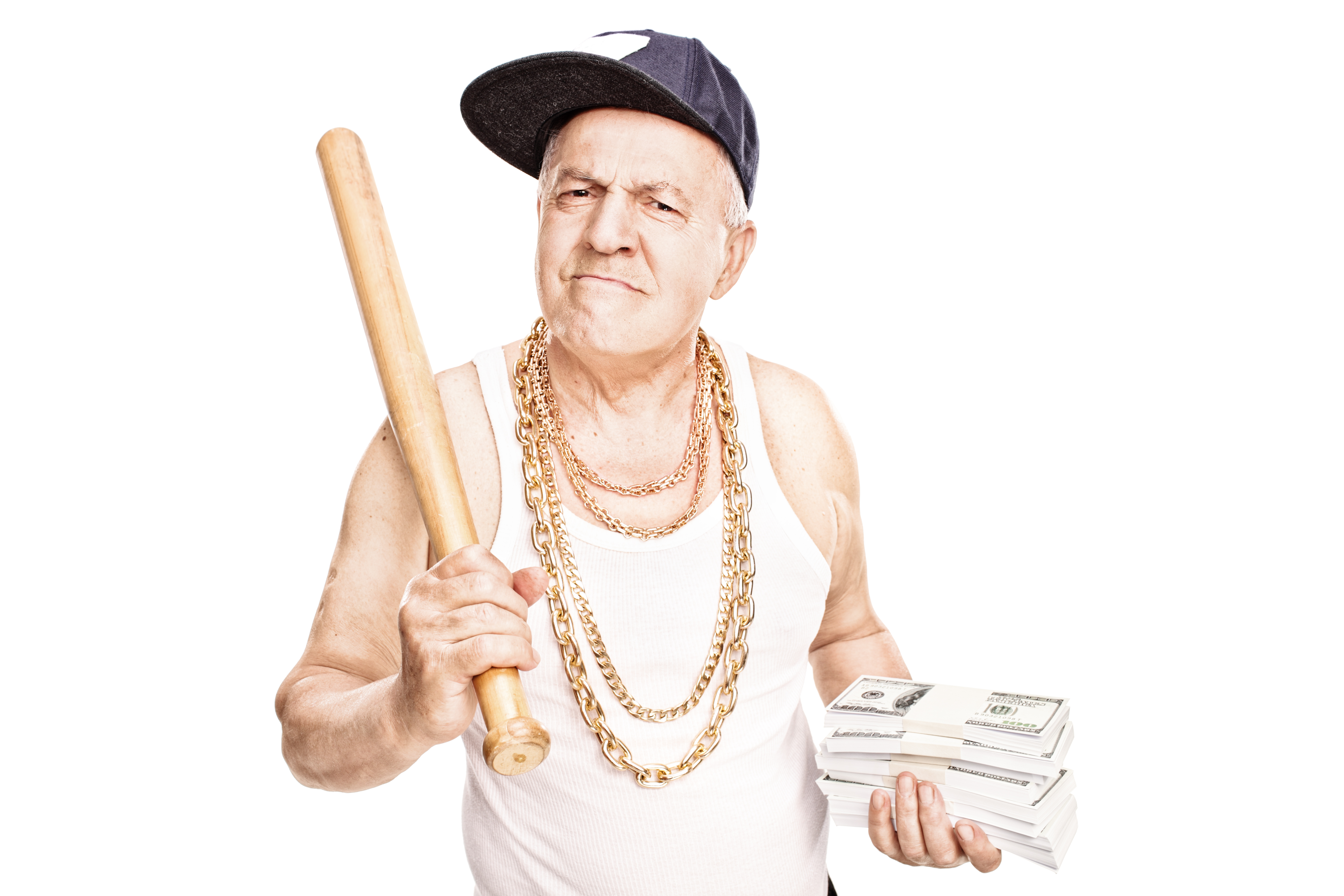 Mature gangster holding a bat and money