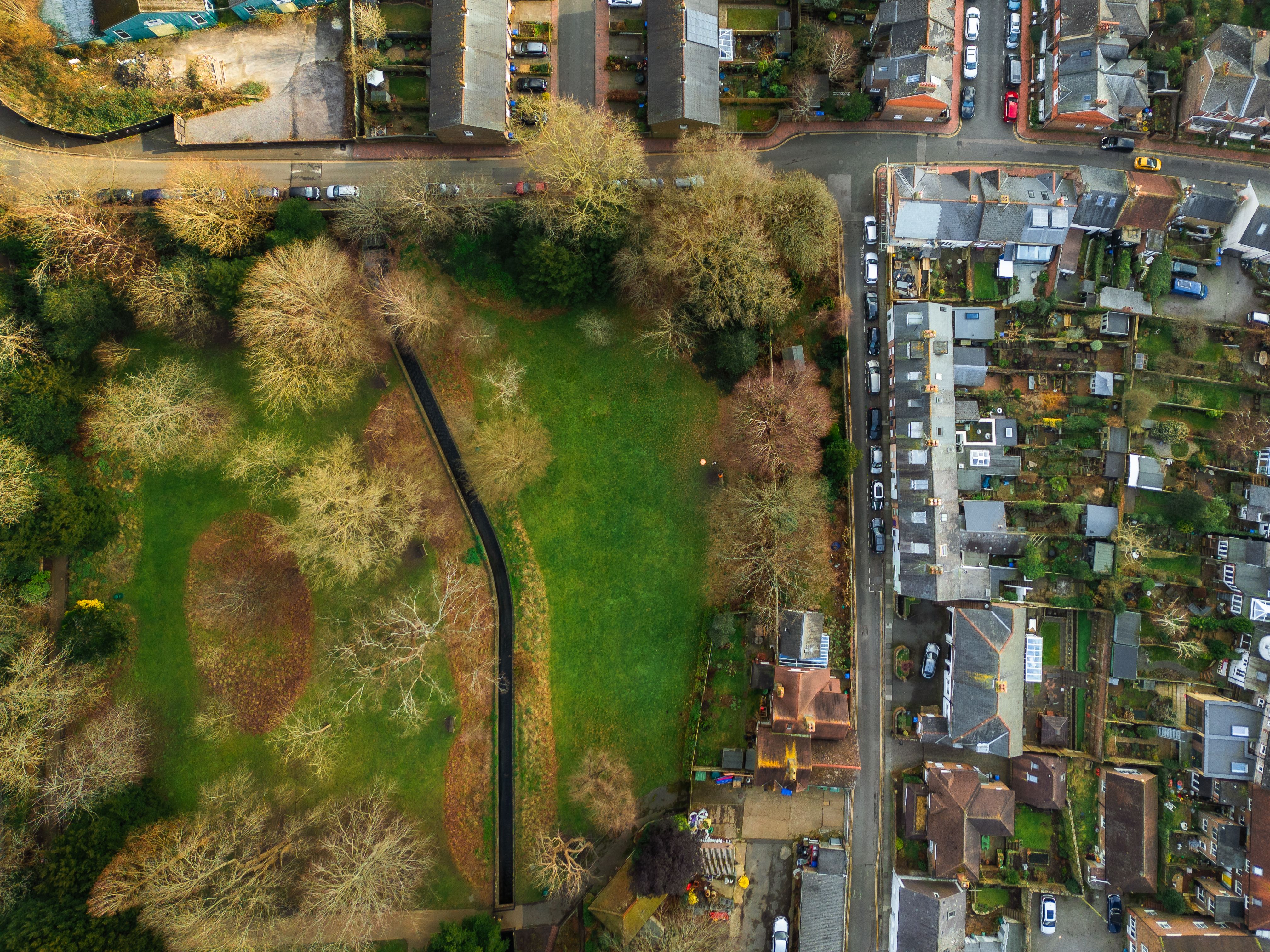 Aerial view of residential streets and houses in Lewes, East Sussex, UK