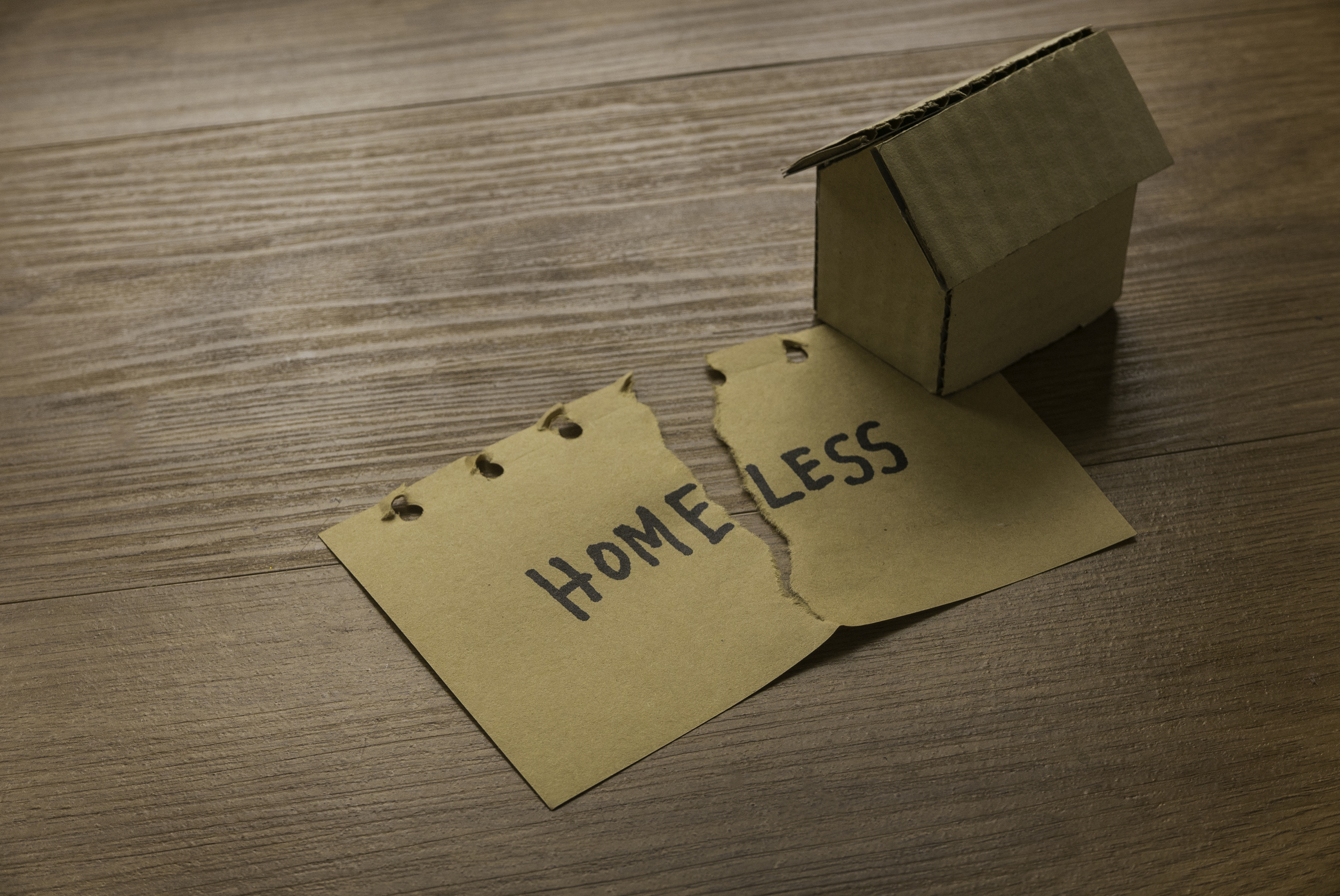A tear paper written with Homeless and cardboard house.