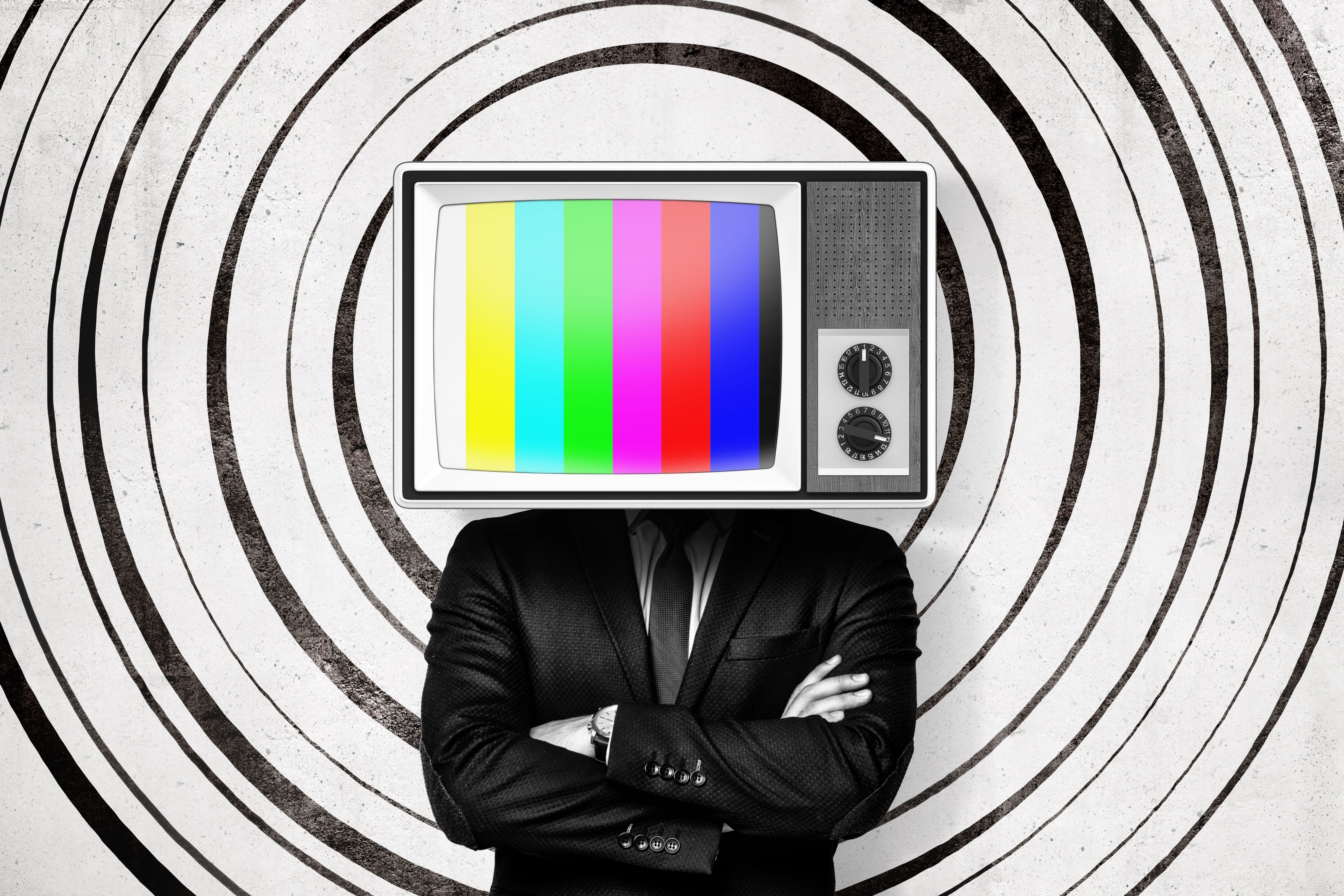 Businessman with no signal vintage tv set instead of head on white circle pattern background Businessman with no signal vintage tv set instead of head on white circle pattern background