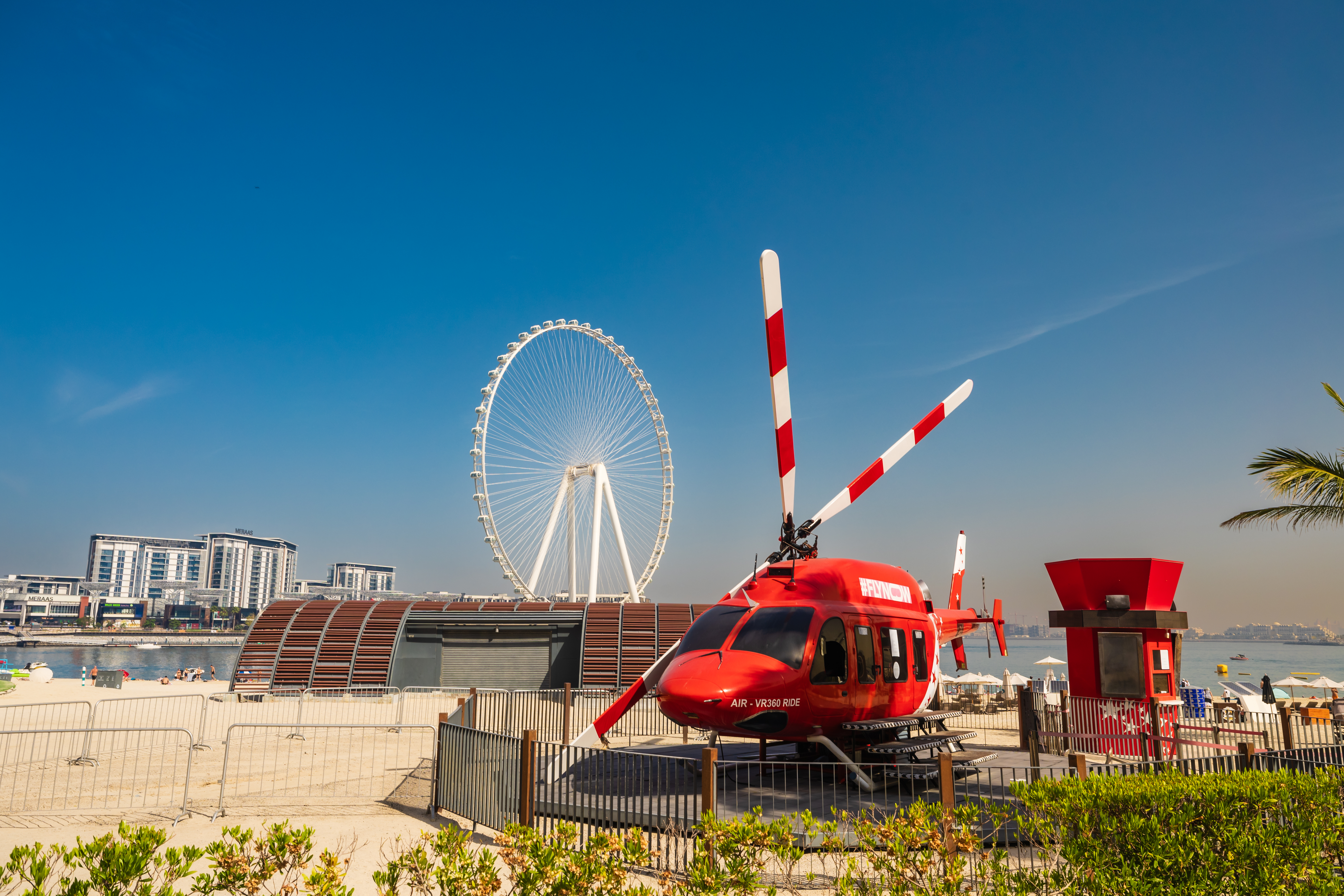 View of JBR Beach or Jumeirah beach Residence in Dubai. Ain Dubai ferris wheel in Blue Waters island, Dubai. One of the largest Ferris Wheels in the World.