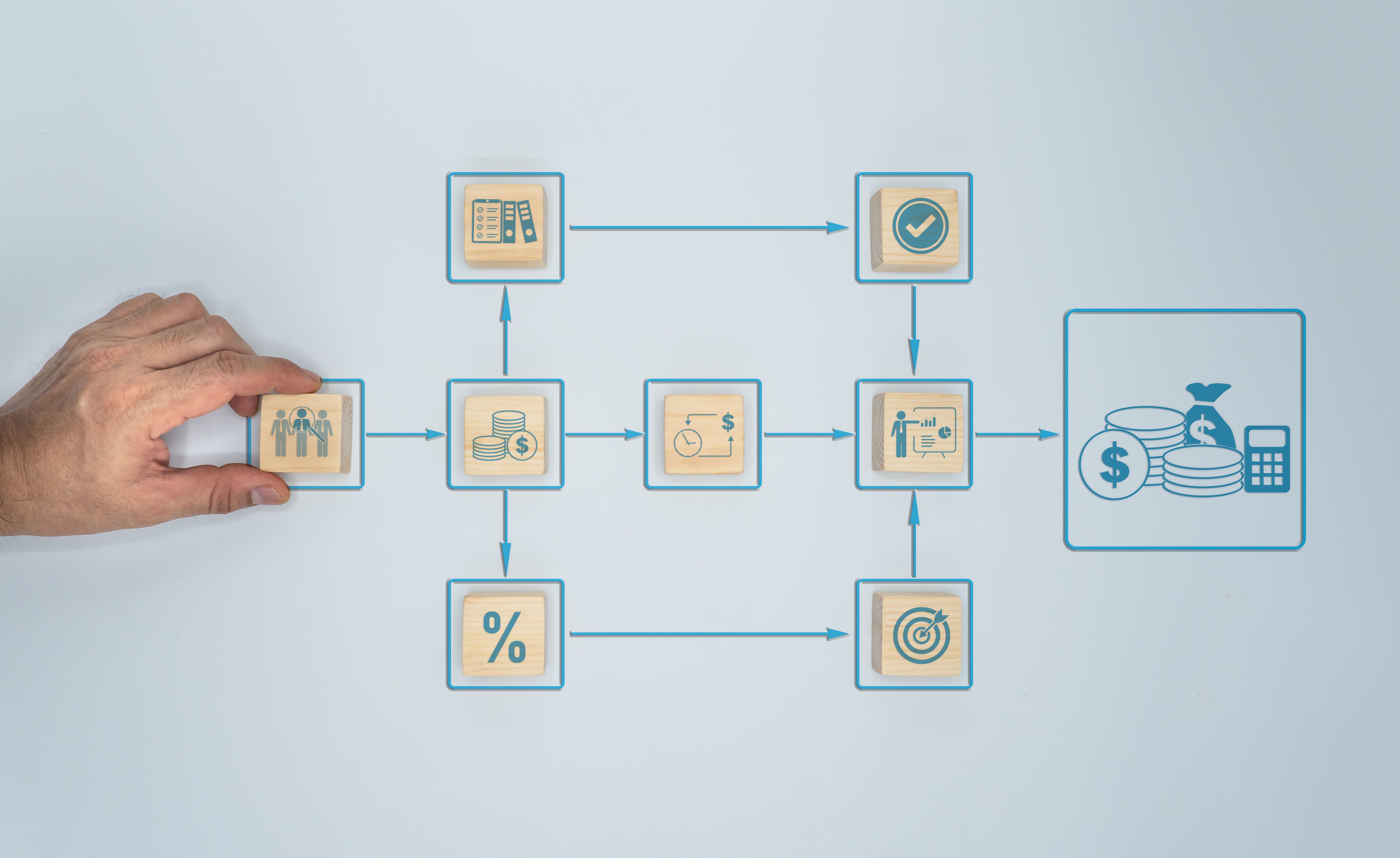 A wooden cube block that is being used to arrange processing management is in the man's hand. Automation of corporate processes and workflows using flowcharts.