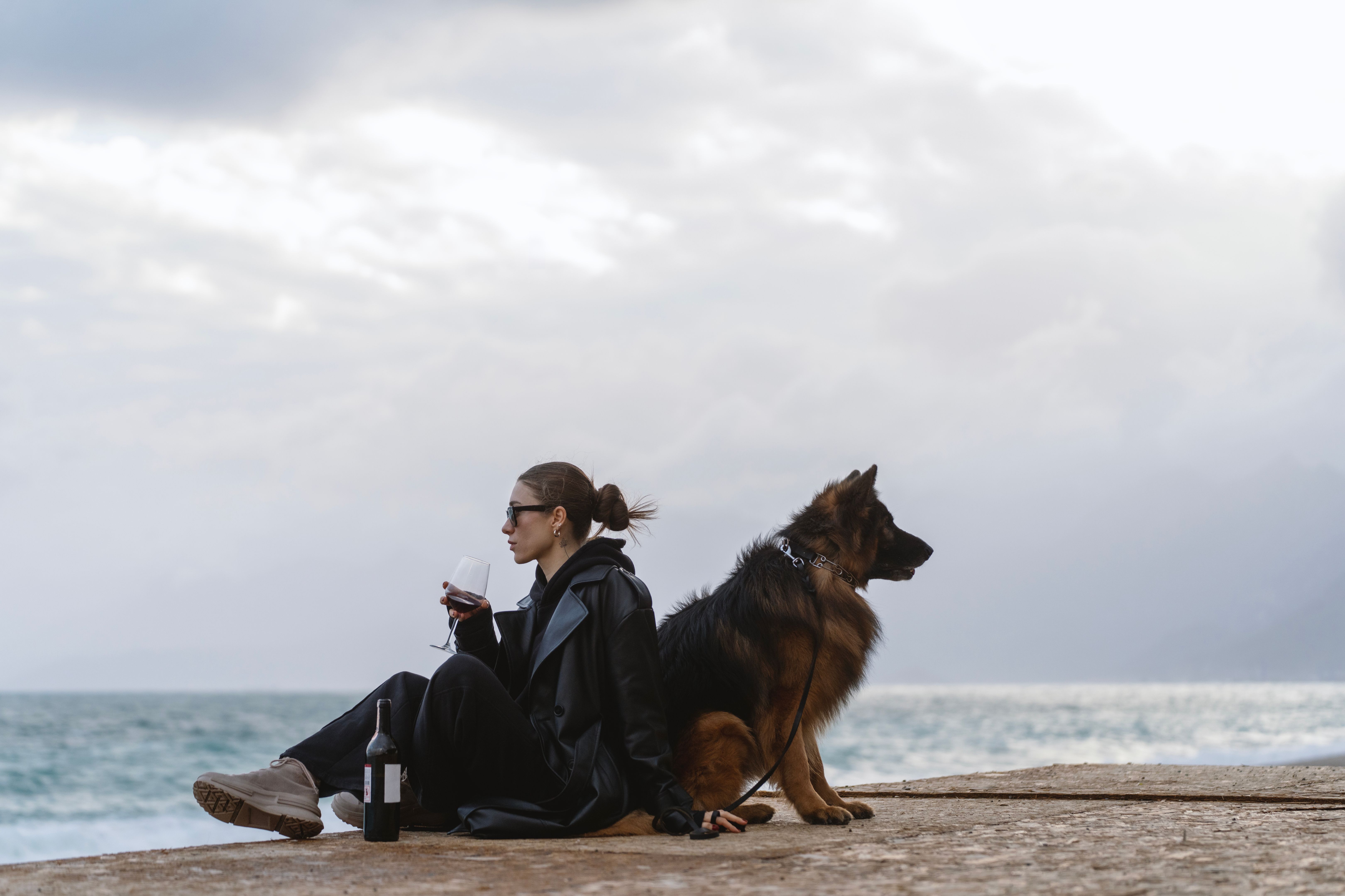 Beautiful woman with german shepherd drinking wine on the beach